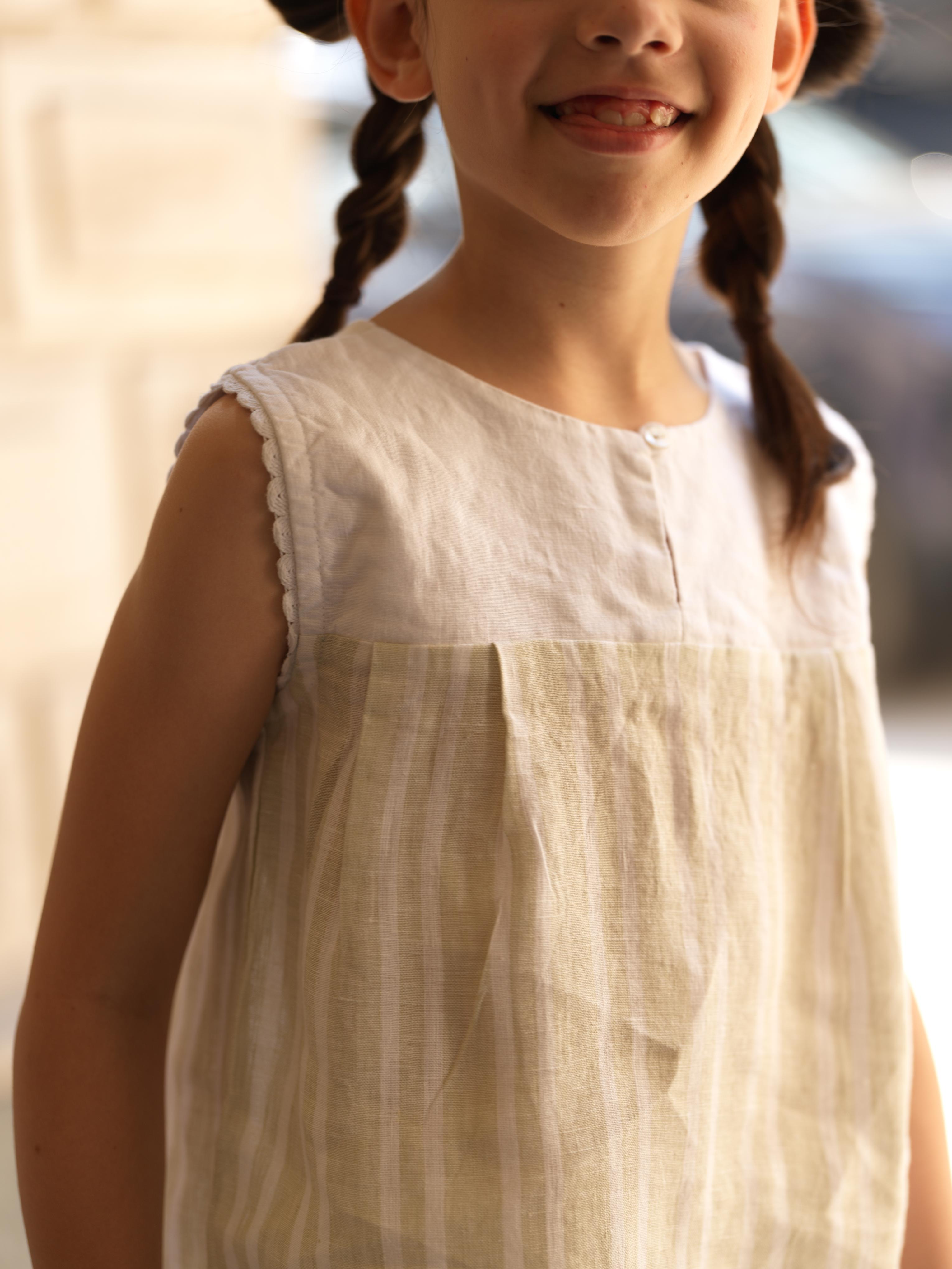 Girls Sleeveless Front Keyhole Top & Trousers Beige Double Stripe / White