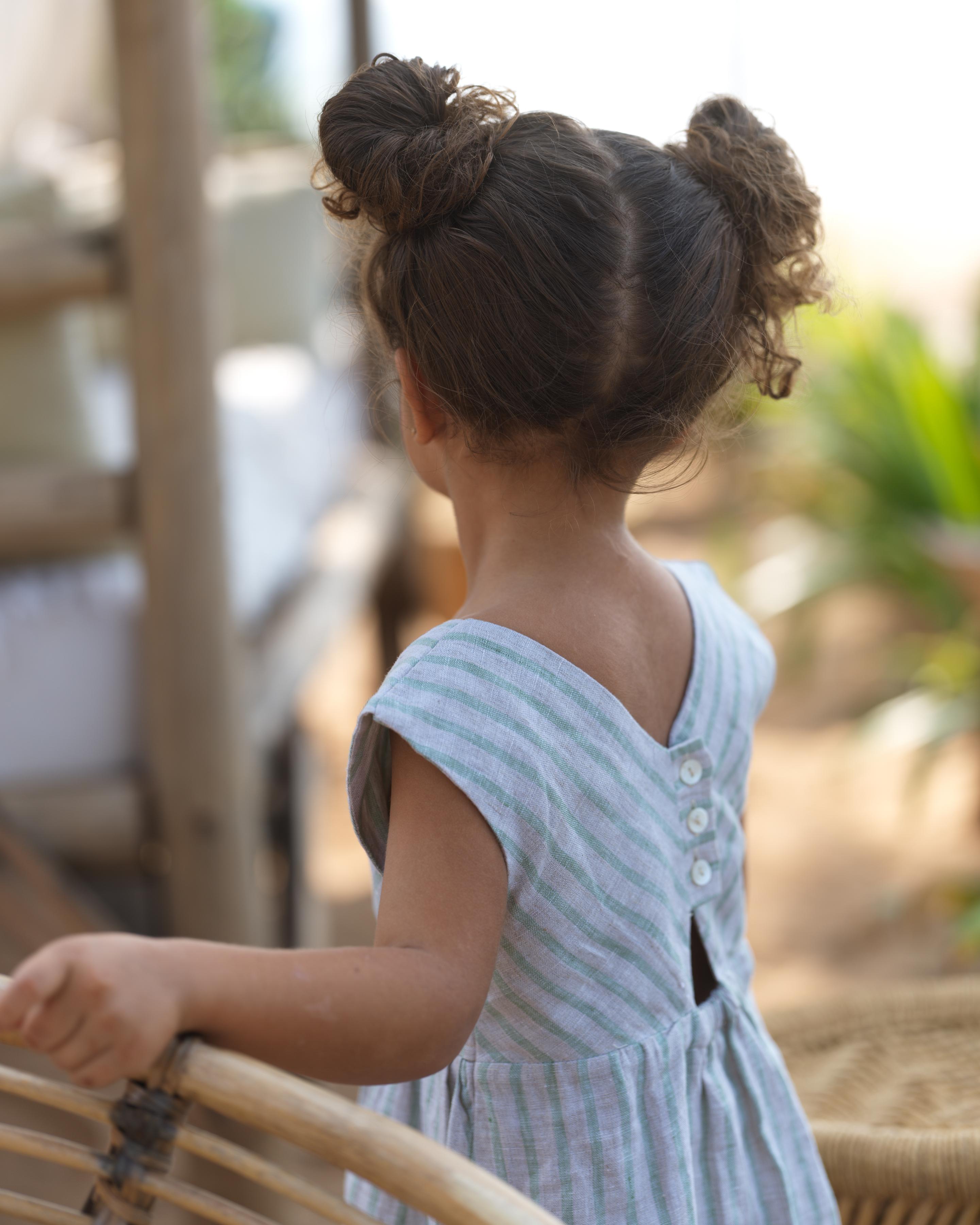 Girls Round Neck Back Opening Dress Sage Pencil Stripe