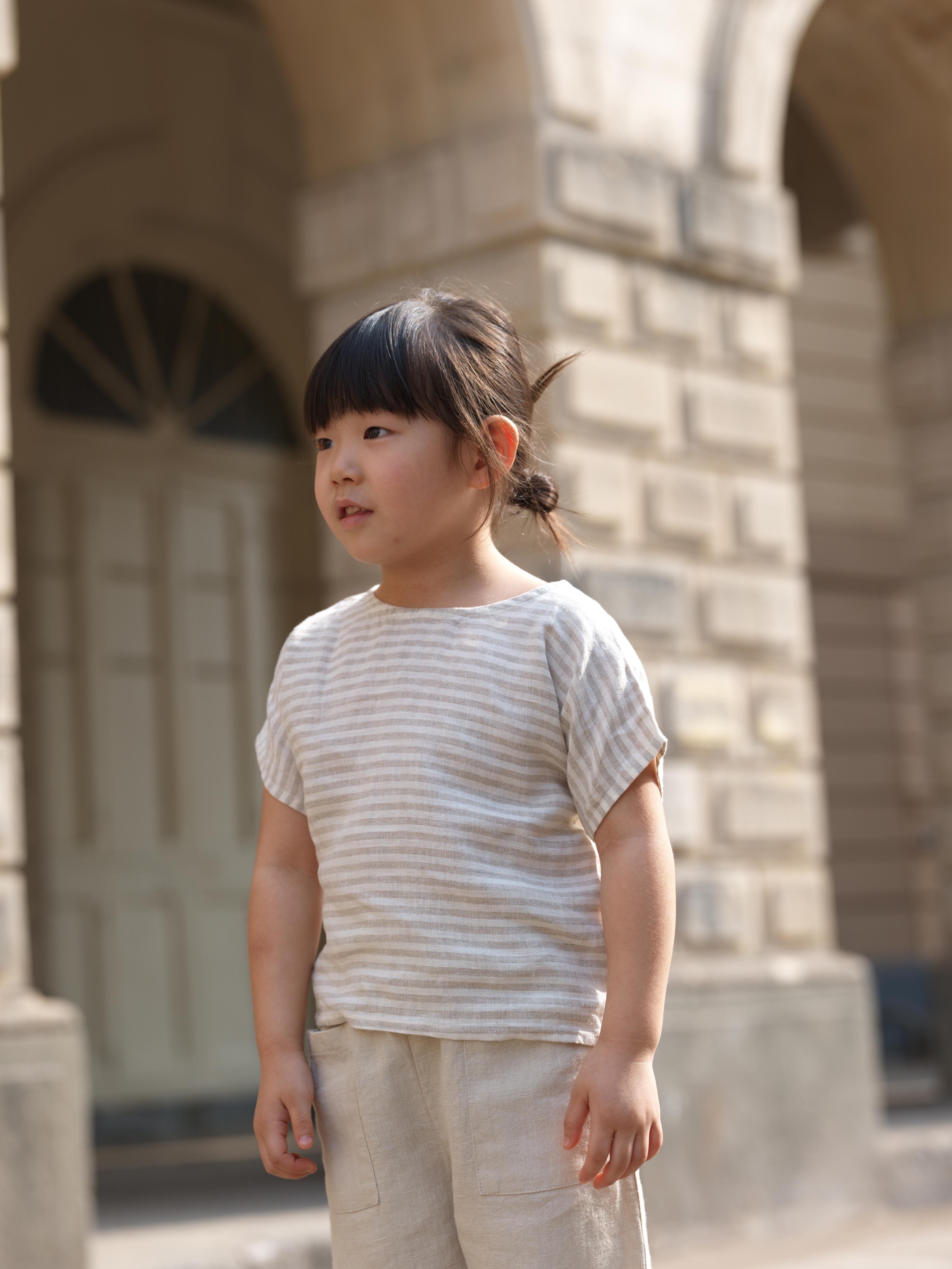 Girls Round Shoulder Top & Patch pocket Trousers Co-Ord set Beige Stripes / Oatmeal