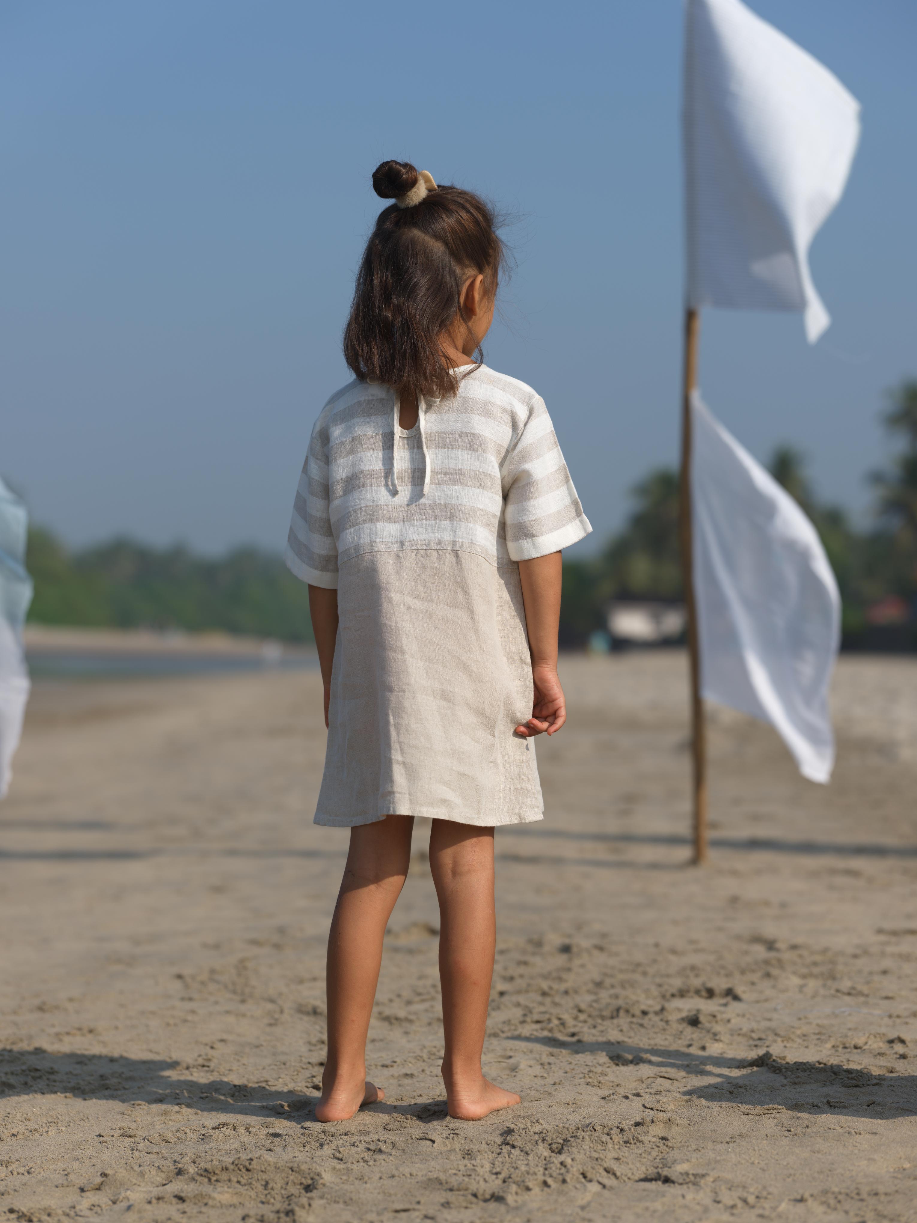 Girls Two Colour Casual Dress Beige Cabana Stripe / Natural