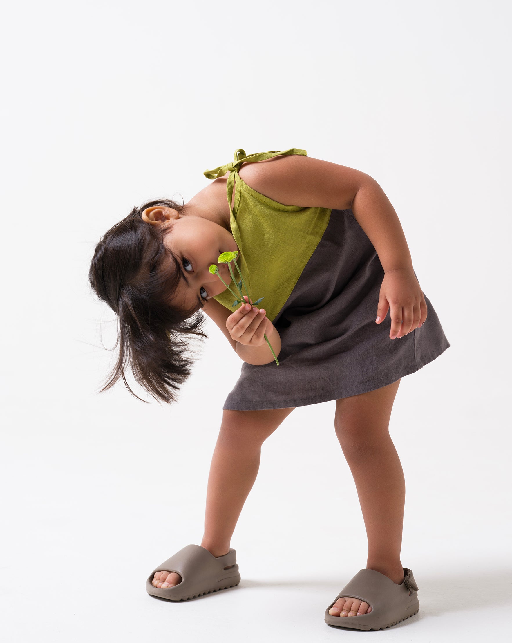 2 Colours Tie-up Frock Yoke - Kiwi Green Frock - Stone Grey