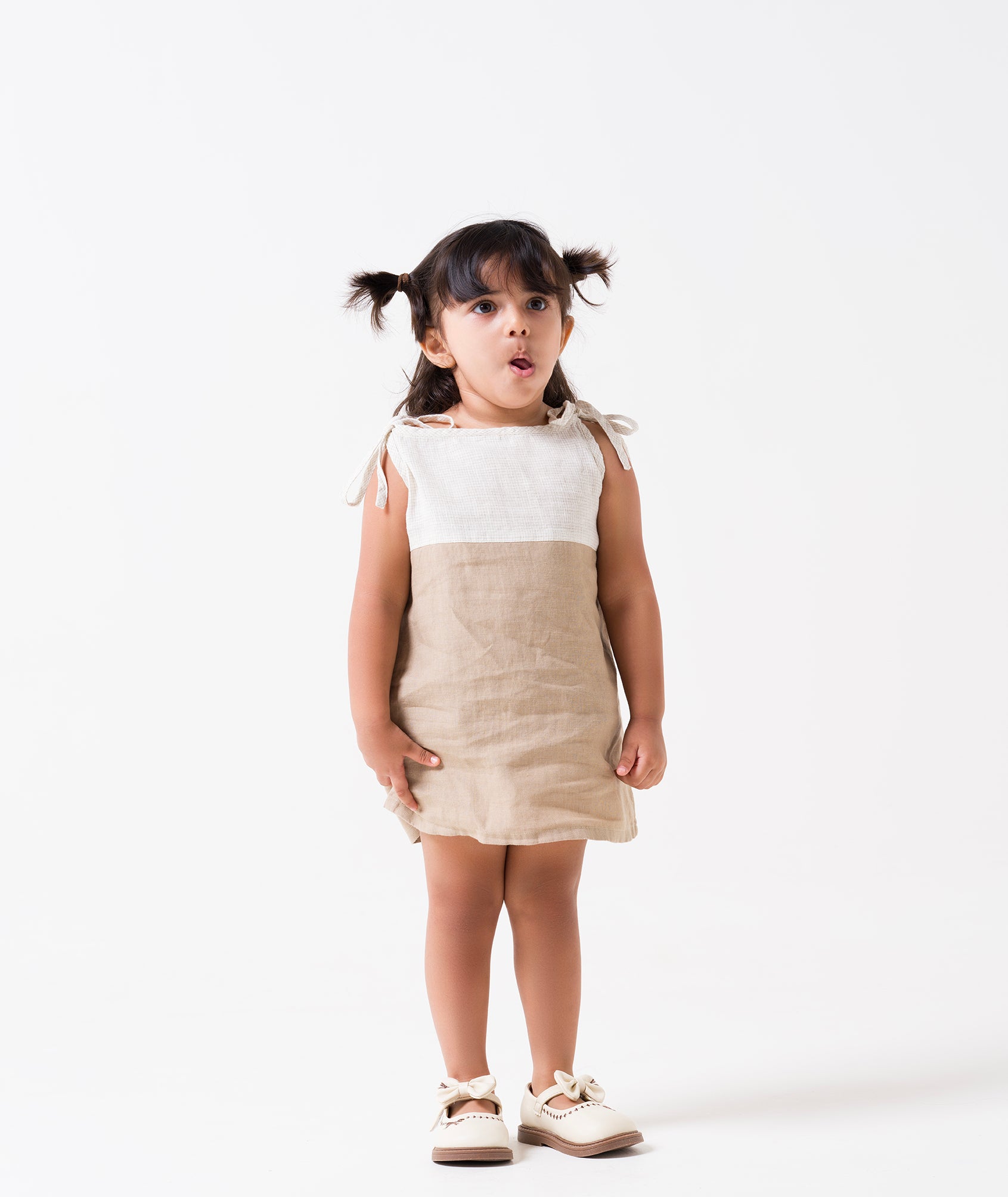 2 Colours Tie-up Yoke - Ivory Checks - Frock - Desert Sand