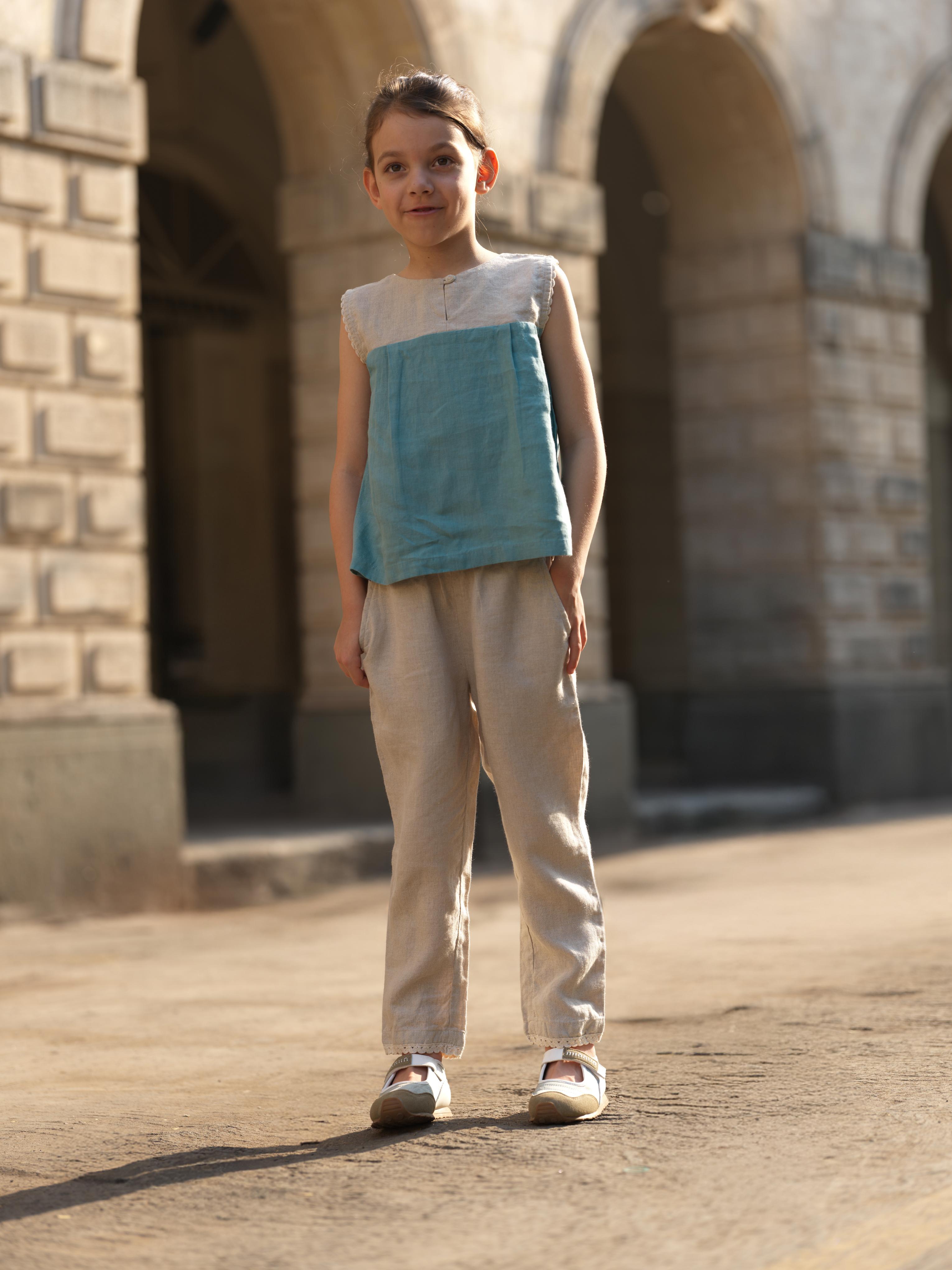 Girls Sleeveless Front Keyhole Top & Trousers Natural / Pine Green