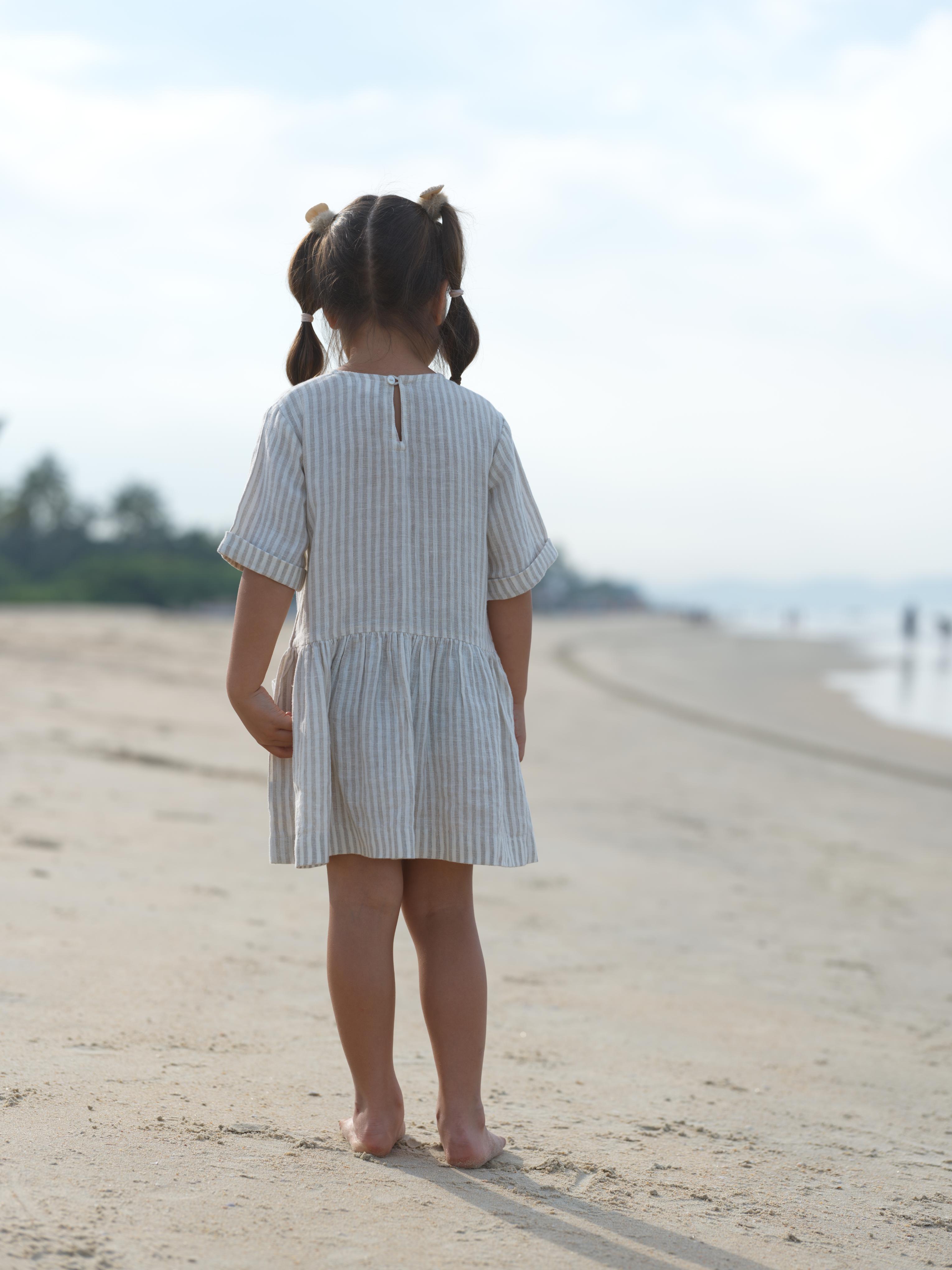 Girl Patch Pocket Drop Shoulder Dress Beige Stripes