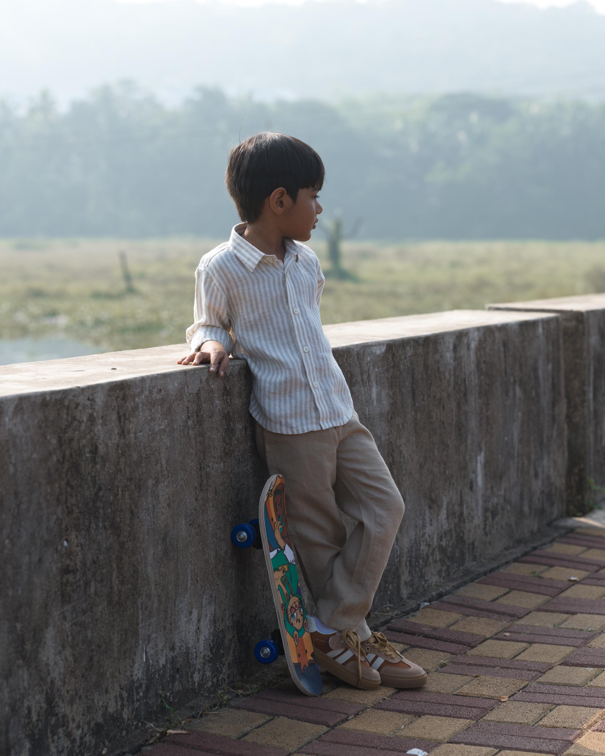 Boys Regular Collar Shirt Beige Stripe