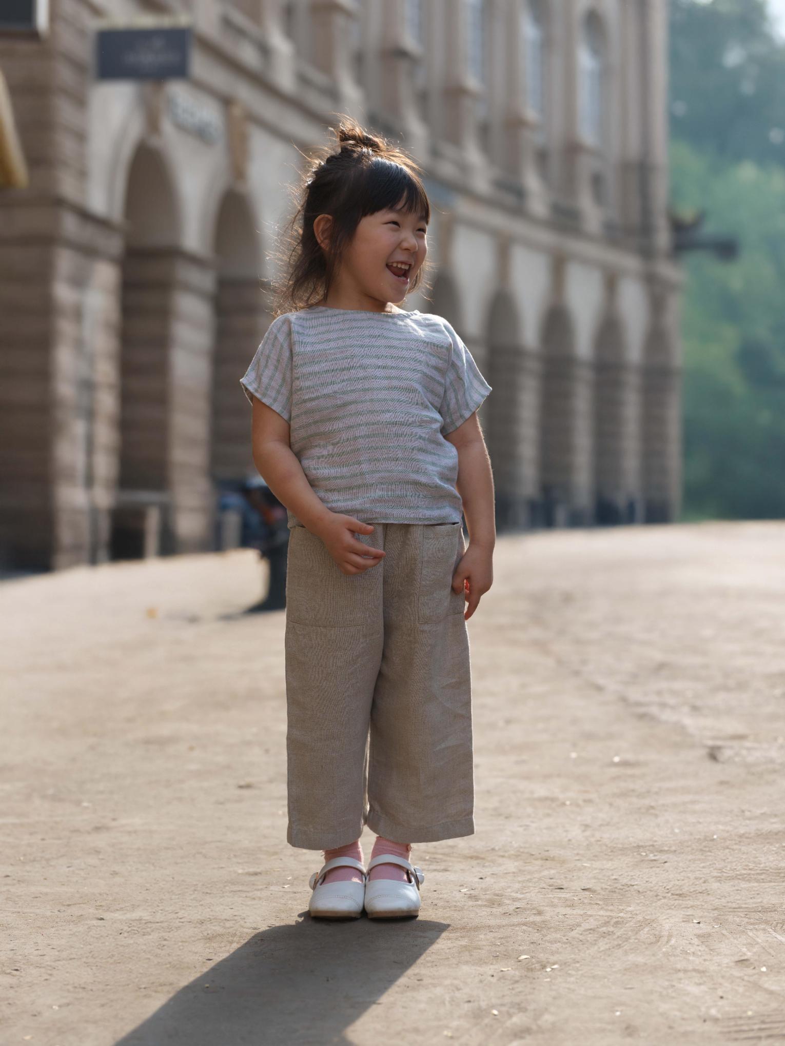 Girls Round Shoulder Top & Patch pocket Trousers Co-Ord set Sage Pencil Stripe / Natural swaps