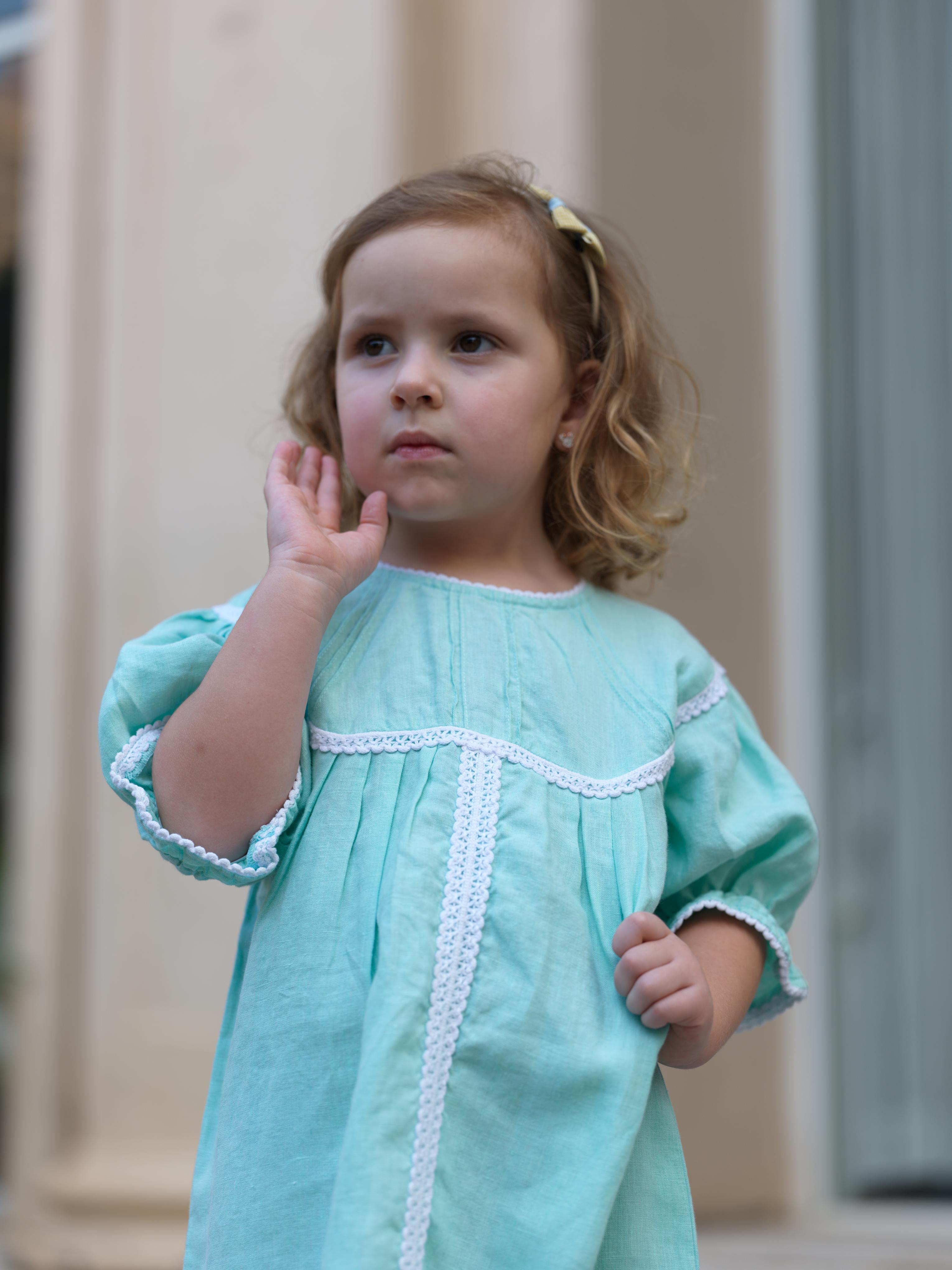 Girls Puff Sleeve Vintage Dress Celestial Green