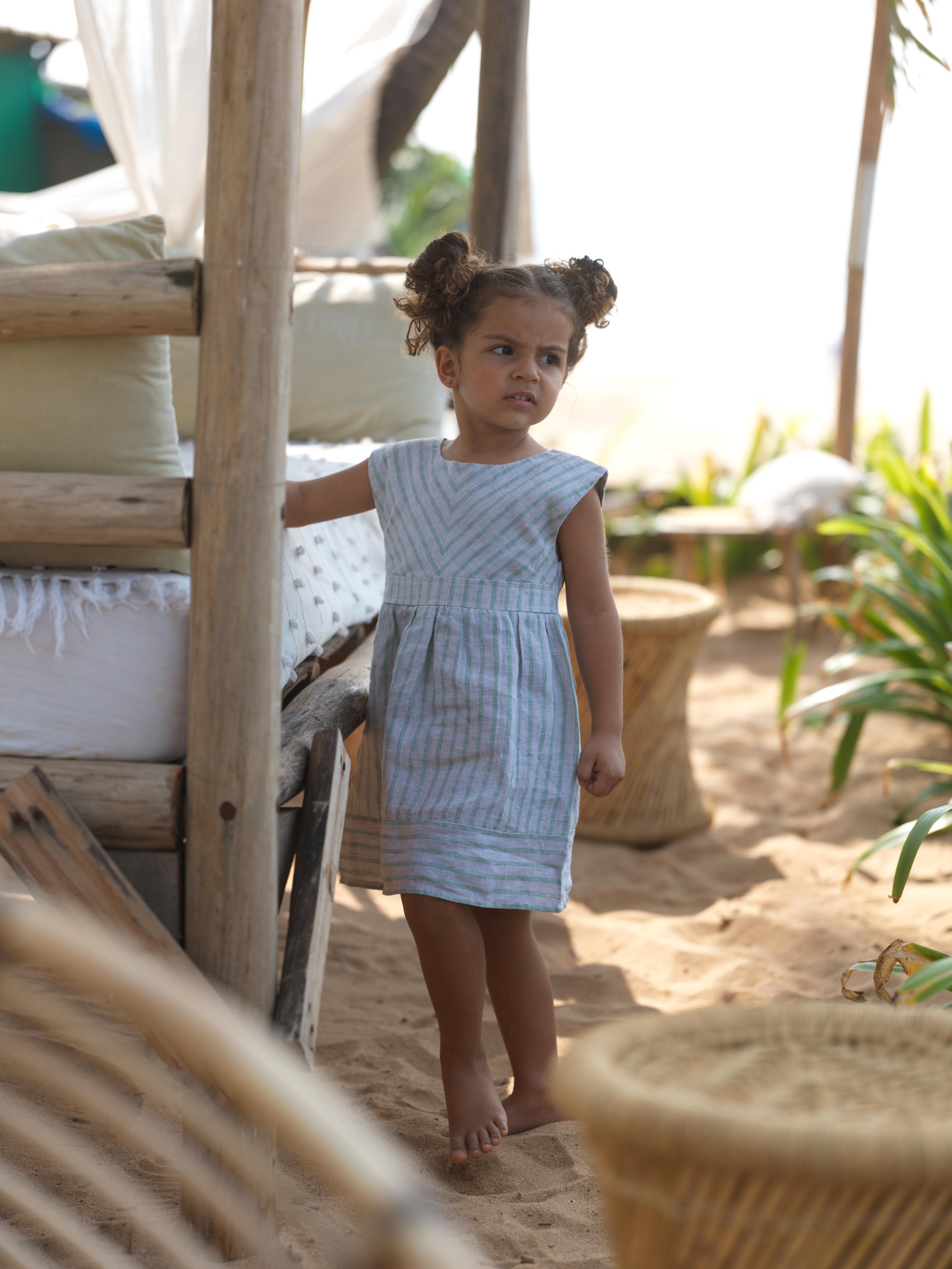 Girls Round Neck Back Opening Dress Sage Pencil Stripe