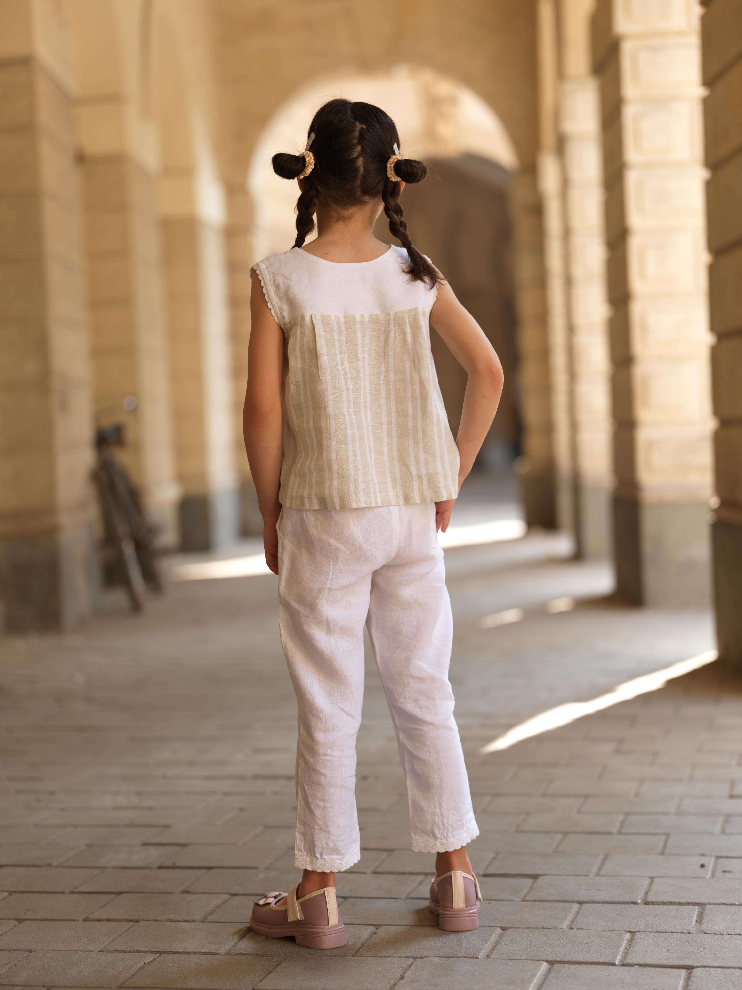 Girls Sleeveless Front Keyhole Top & Trousers Beige Double Stripe / White