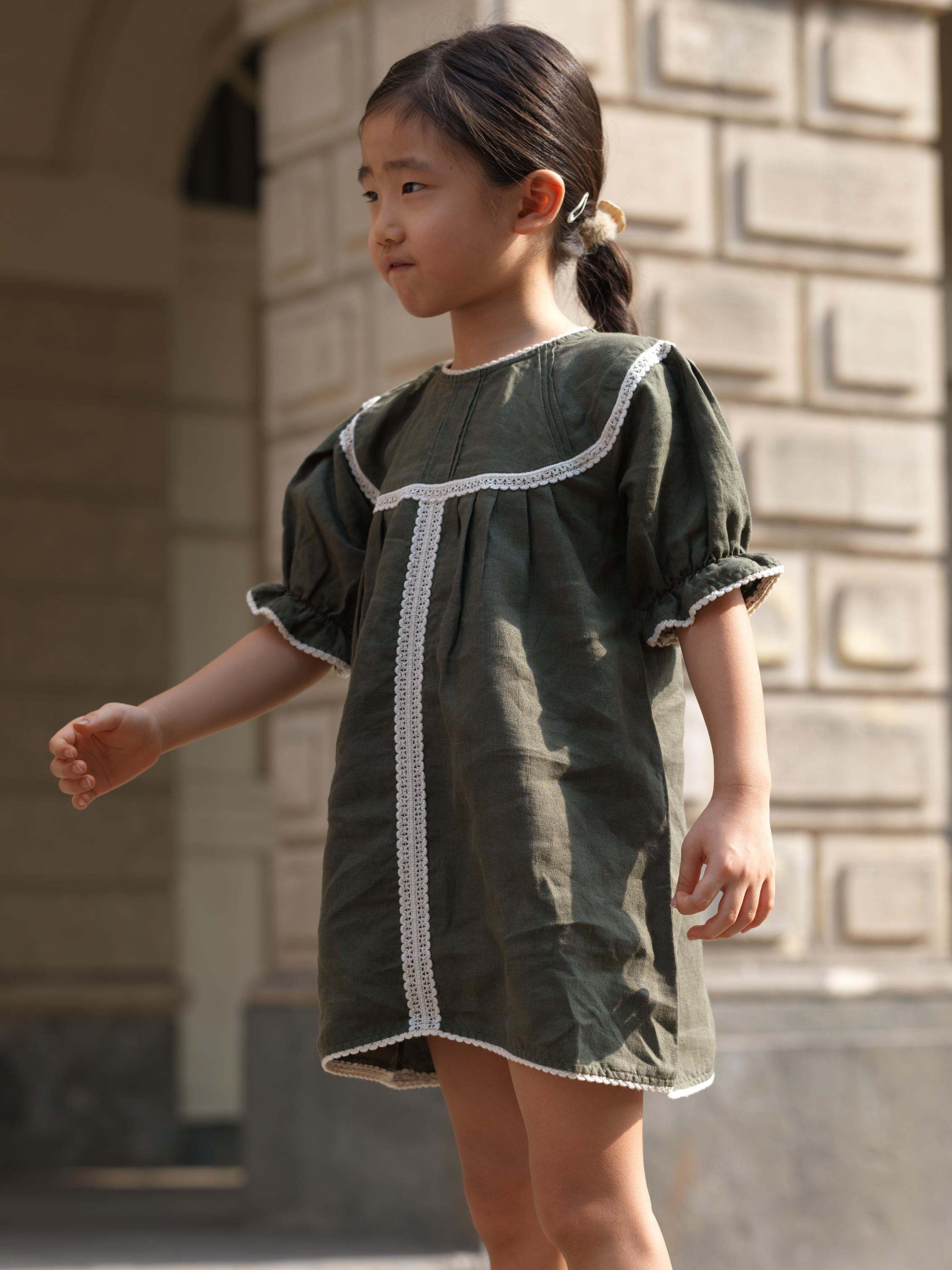 Girls Puff Sleeve Vintage Dress Crocodile Green