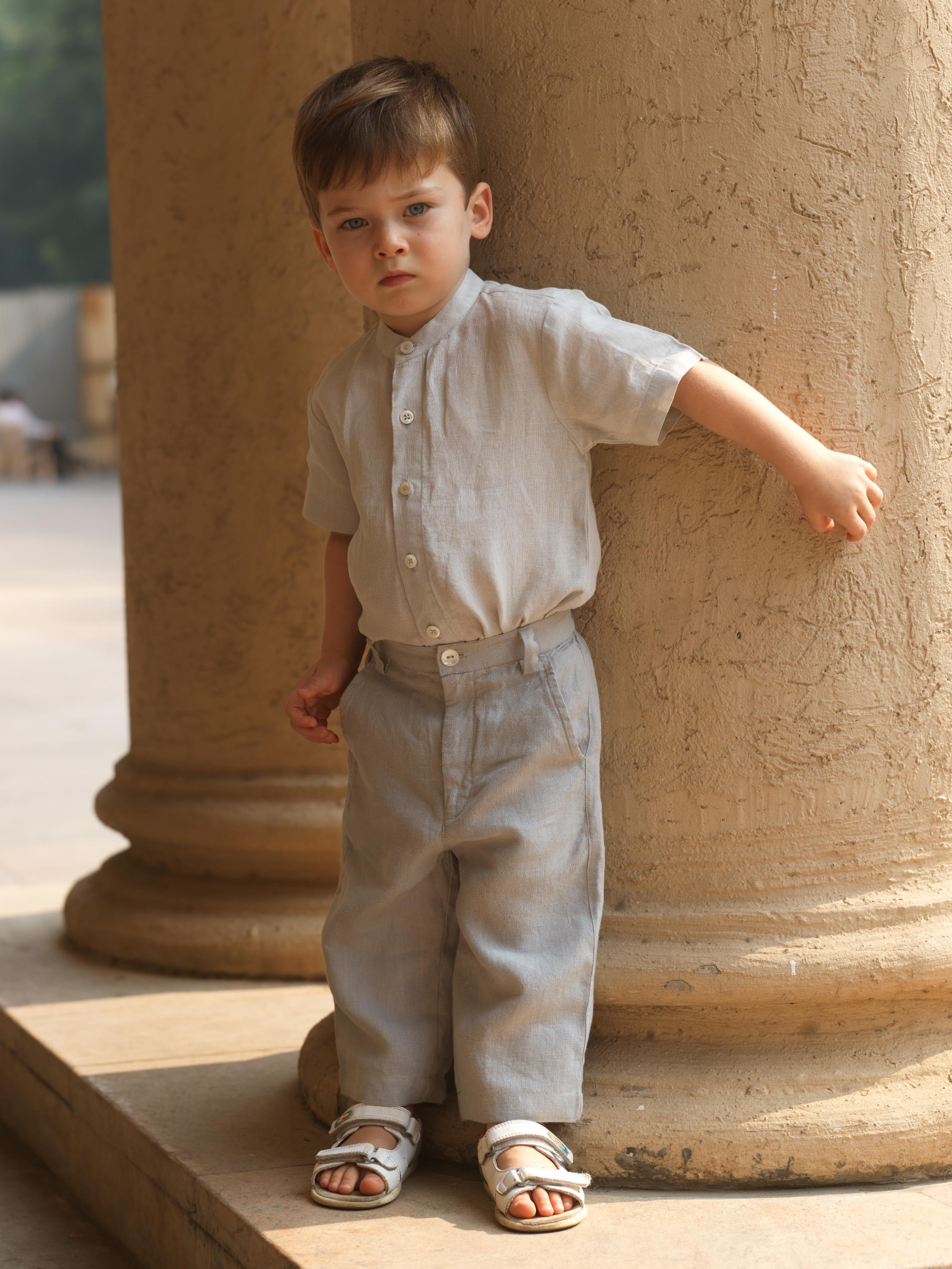 Boys Mandarin Collar Shirt & Trouser co-ords set Light Grey