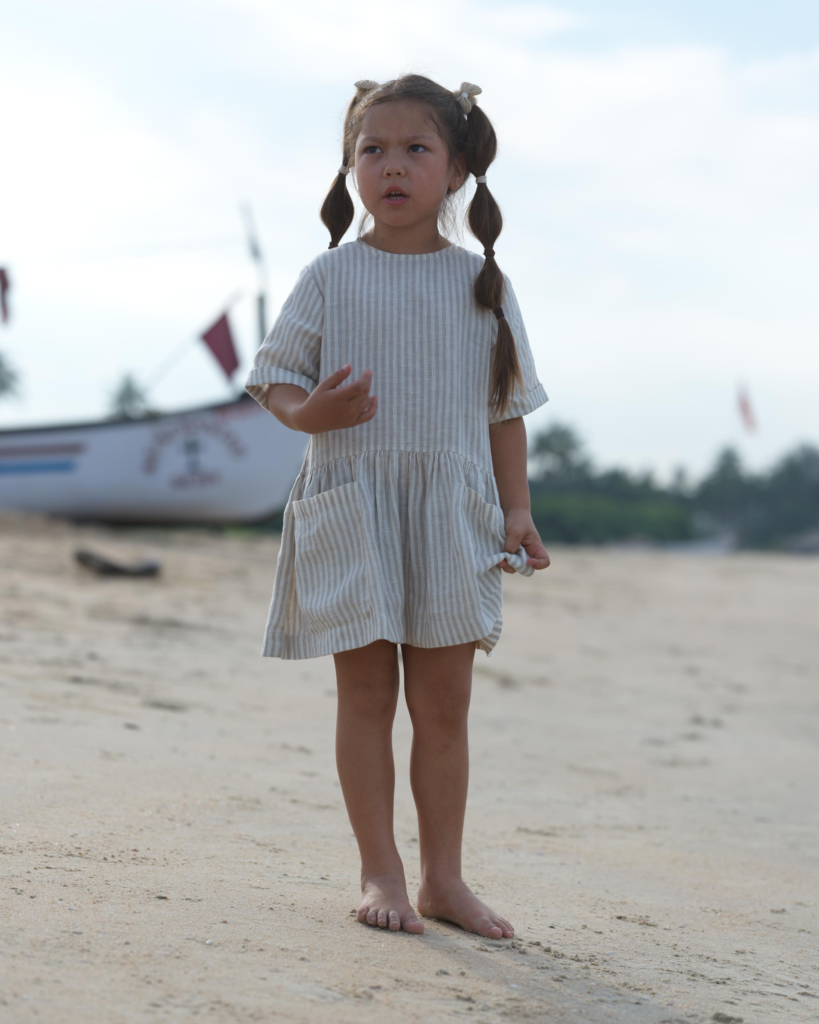 Girl Patch Pocket Drop Shoulder Dress Beige Stripes