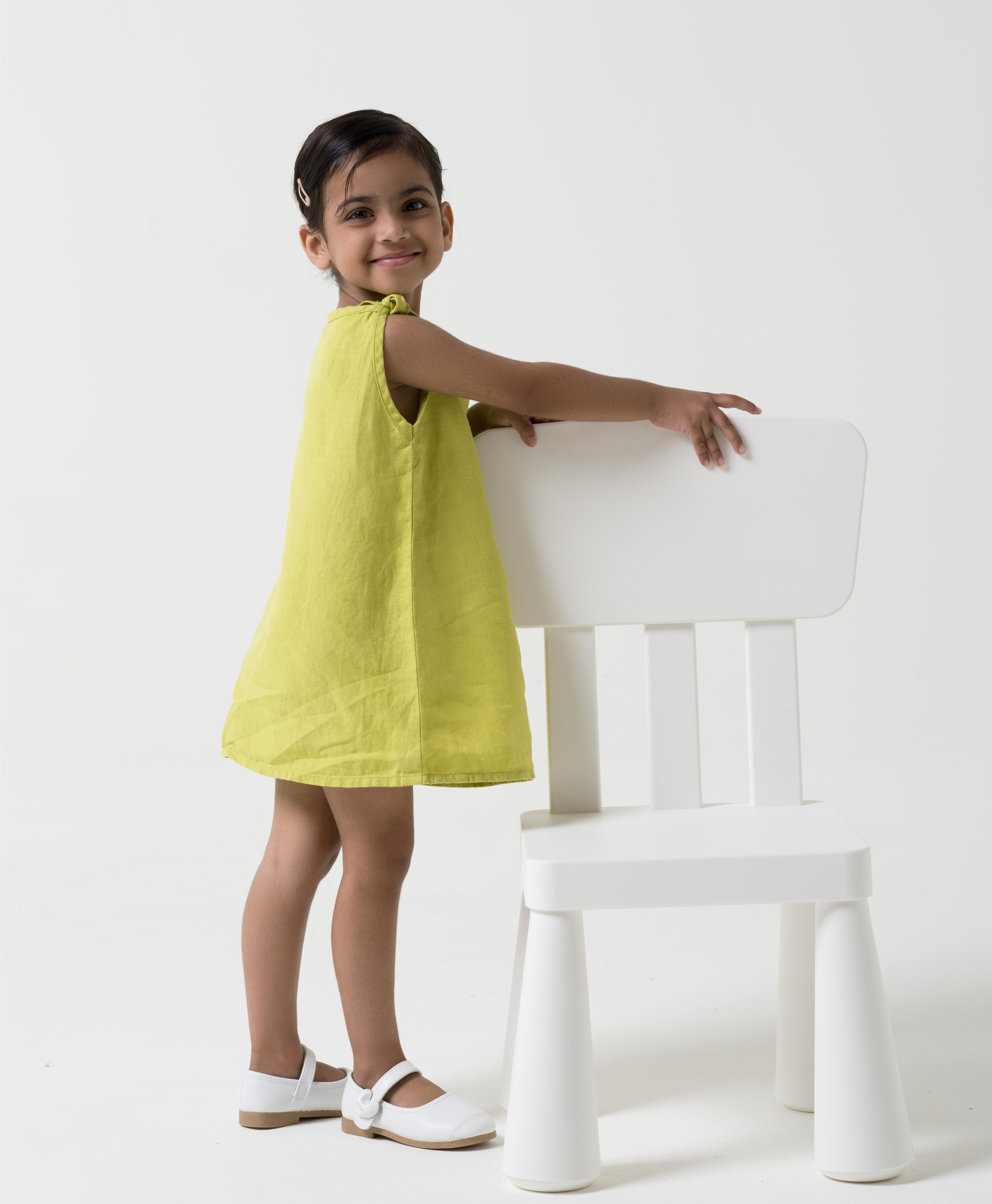 Lime Tie-Up Shoulder Flower Frock