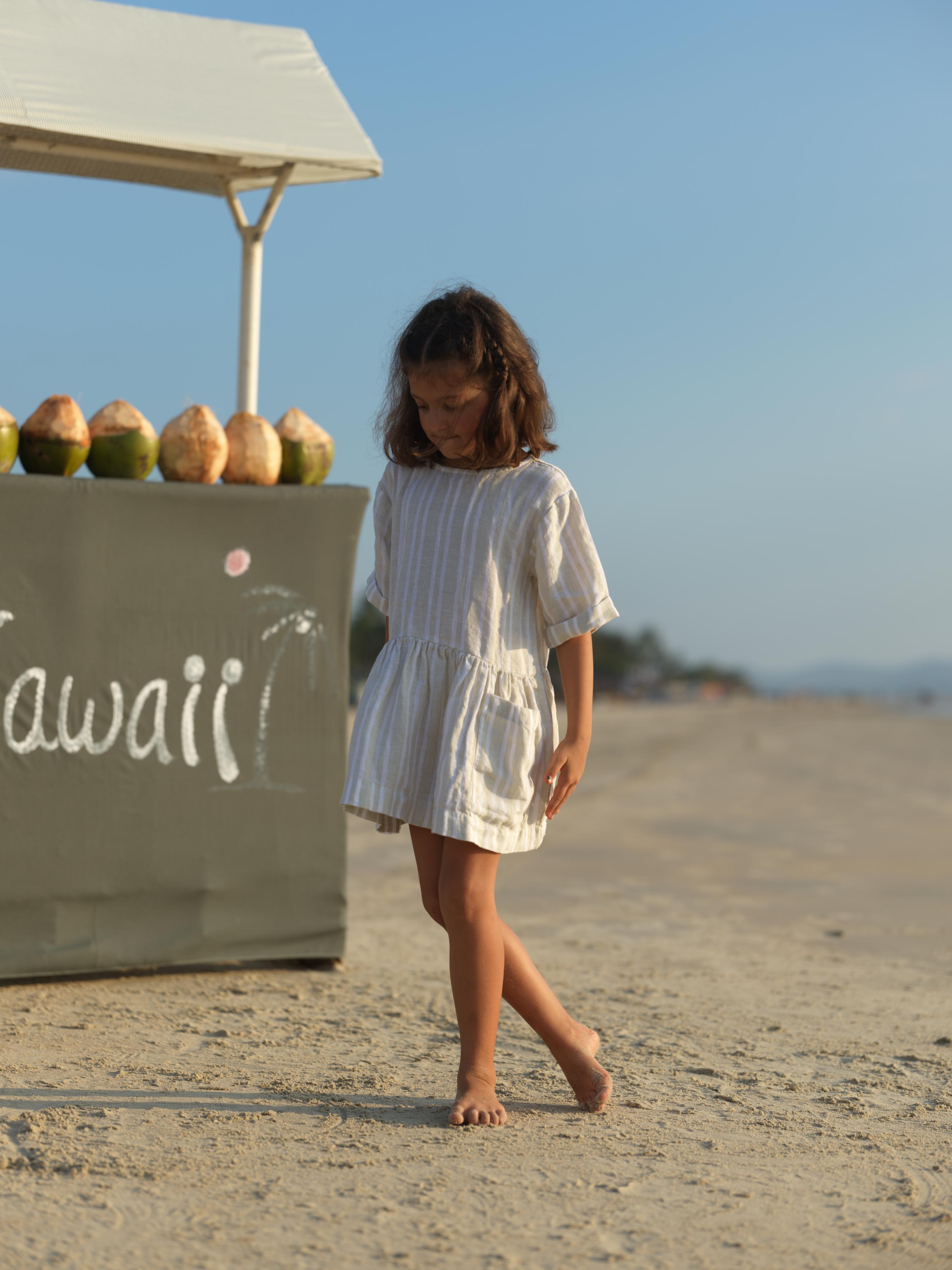 Girl Patch Pocket Drop Shoulder Dress Beige Double Stripe