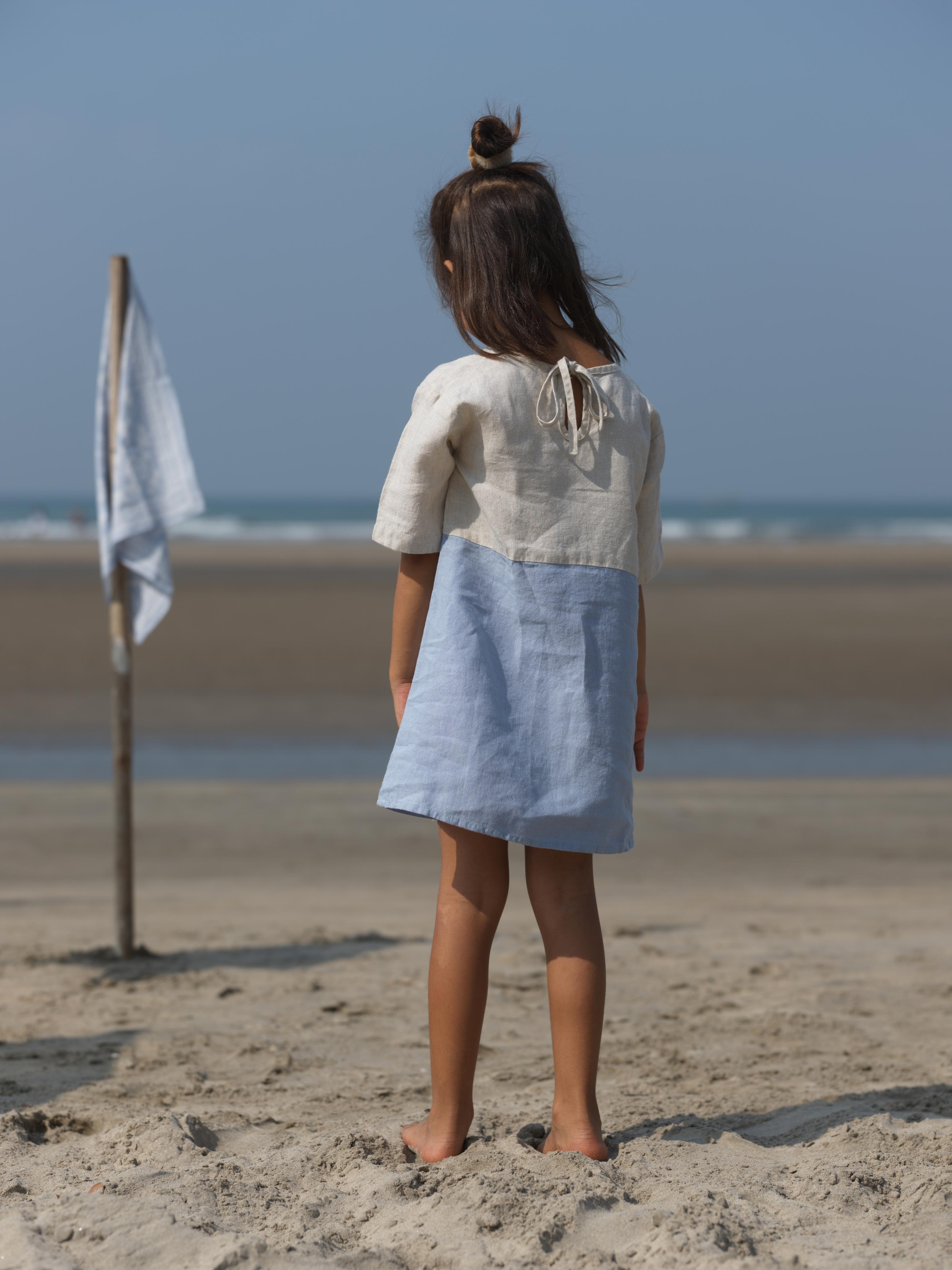 Girls Two Colour Casual Dress Cookie & Cream / Pacific Blue