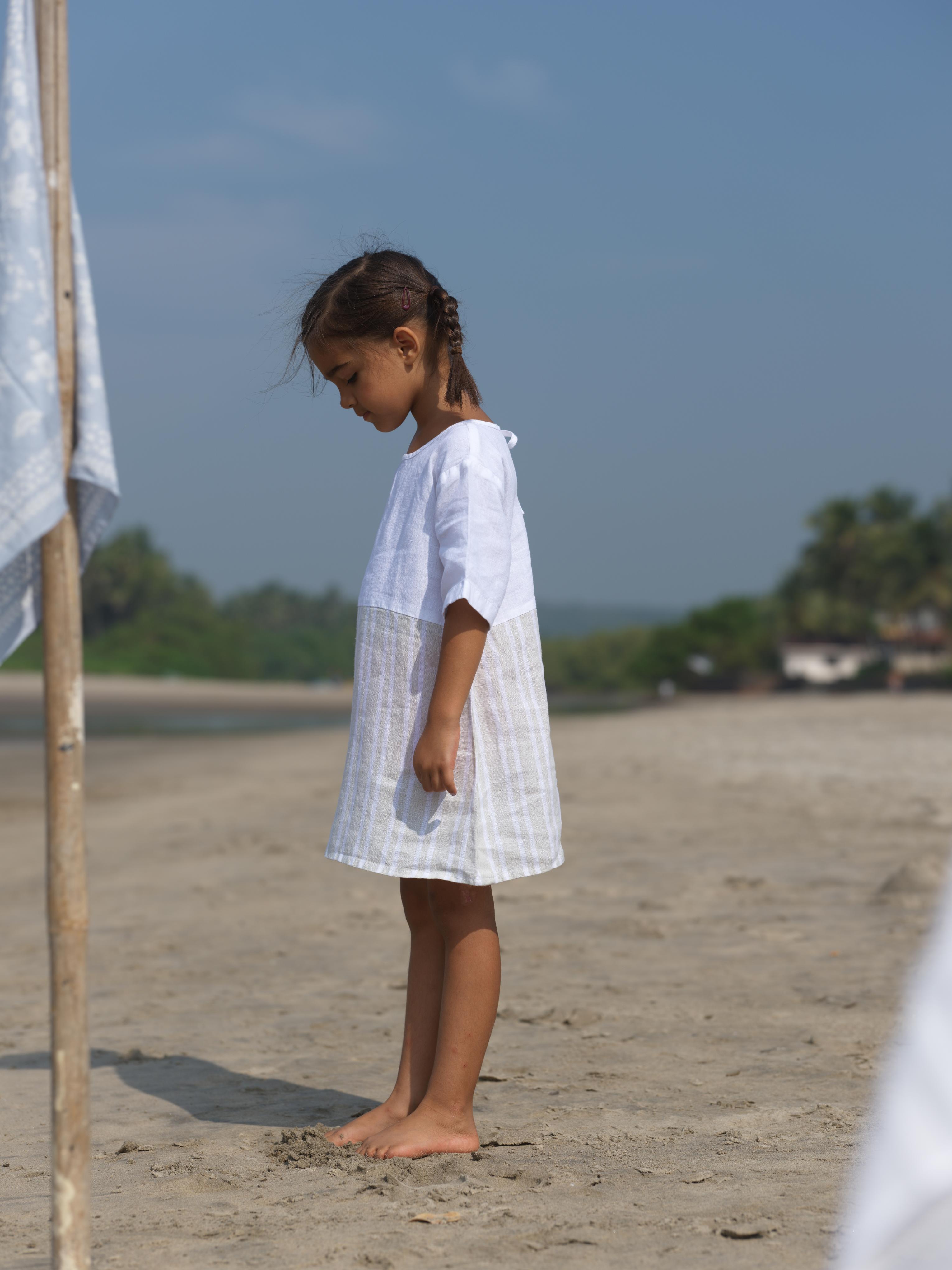 Girls Two Colour Casual Dress Beige Double Stripe / White