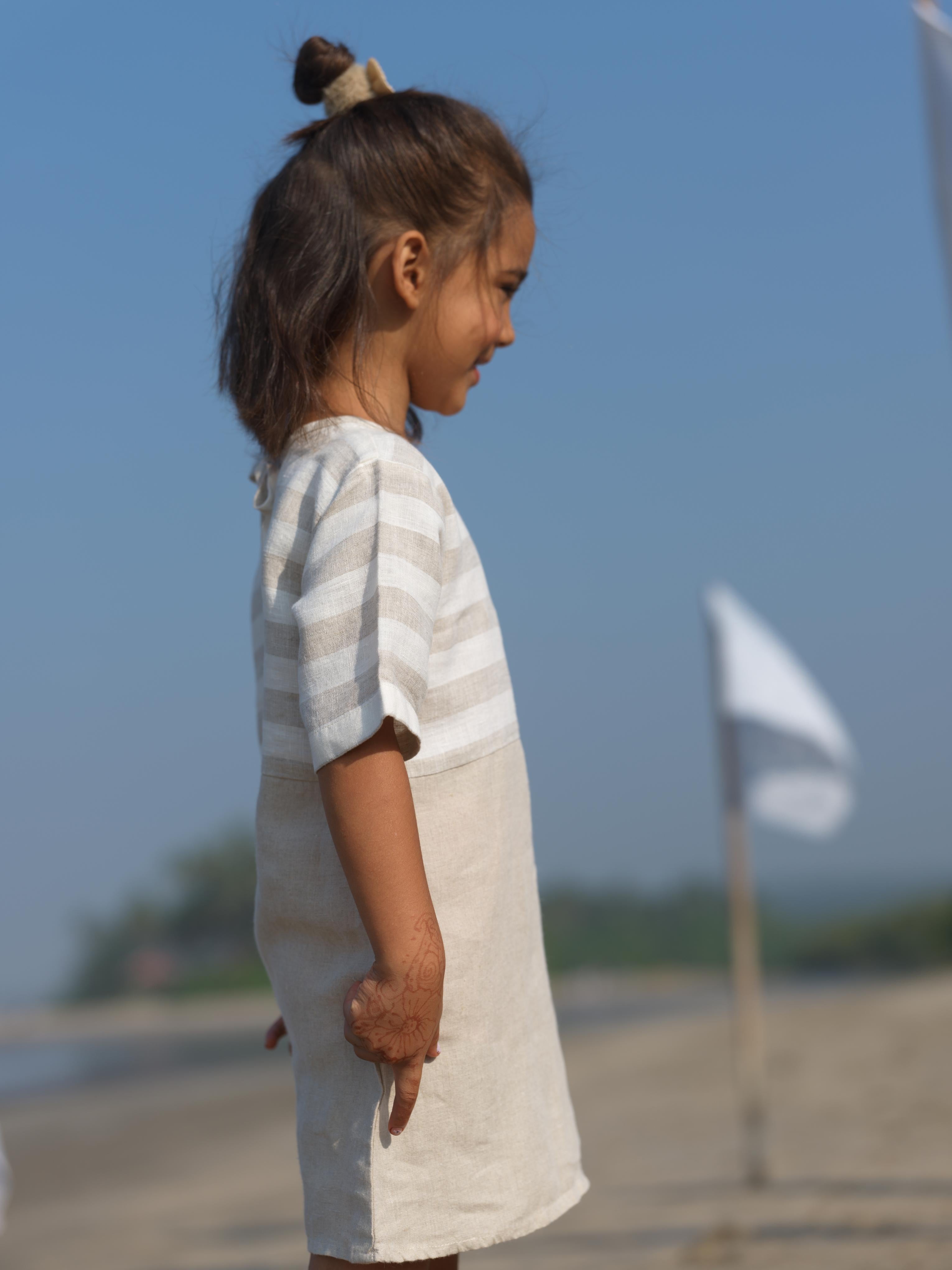 Girls Two Colour Casual Dress Beige Cabana Stripe / Natural