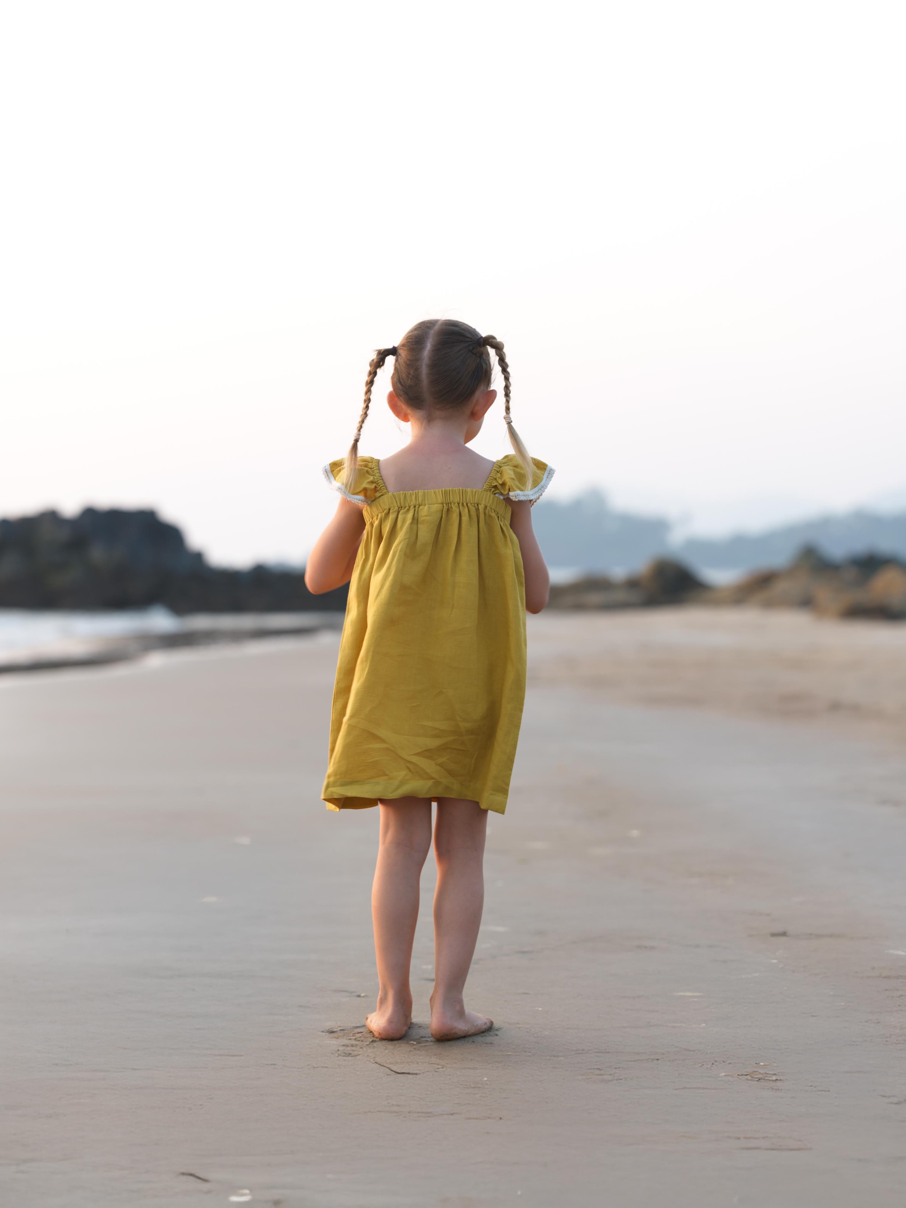 Girls Elasticated Flared Sleeve Dress Mustard
