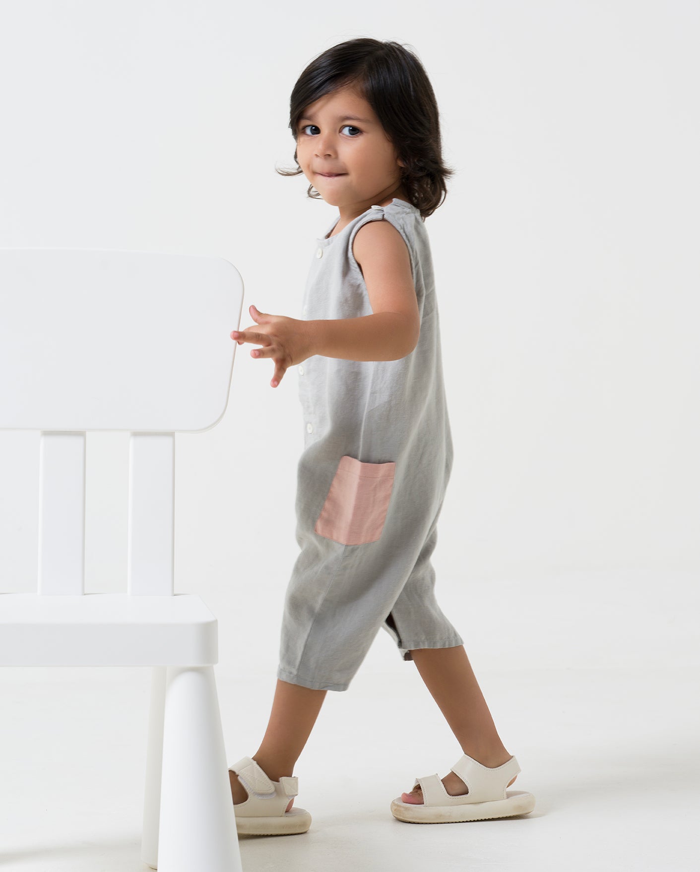 Patch Pocket Romper - Cloud Grey Pocket - Flamingo
