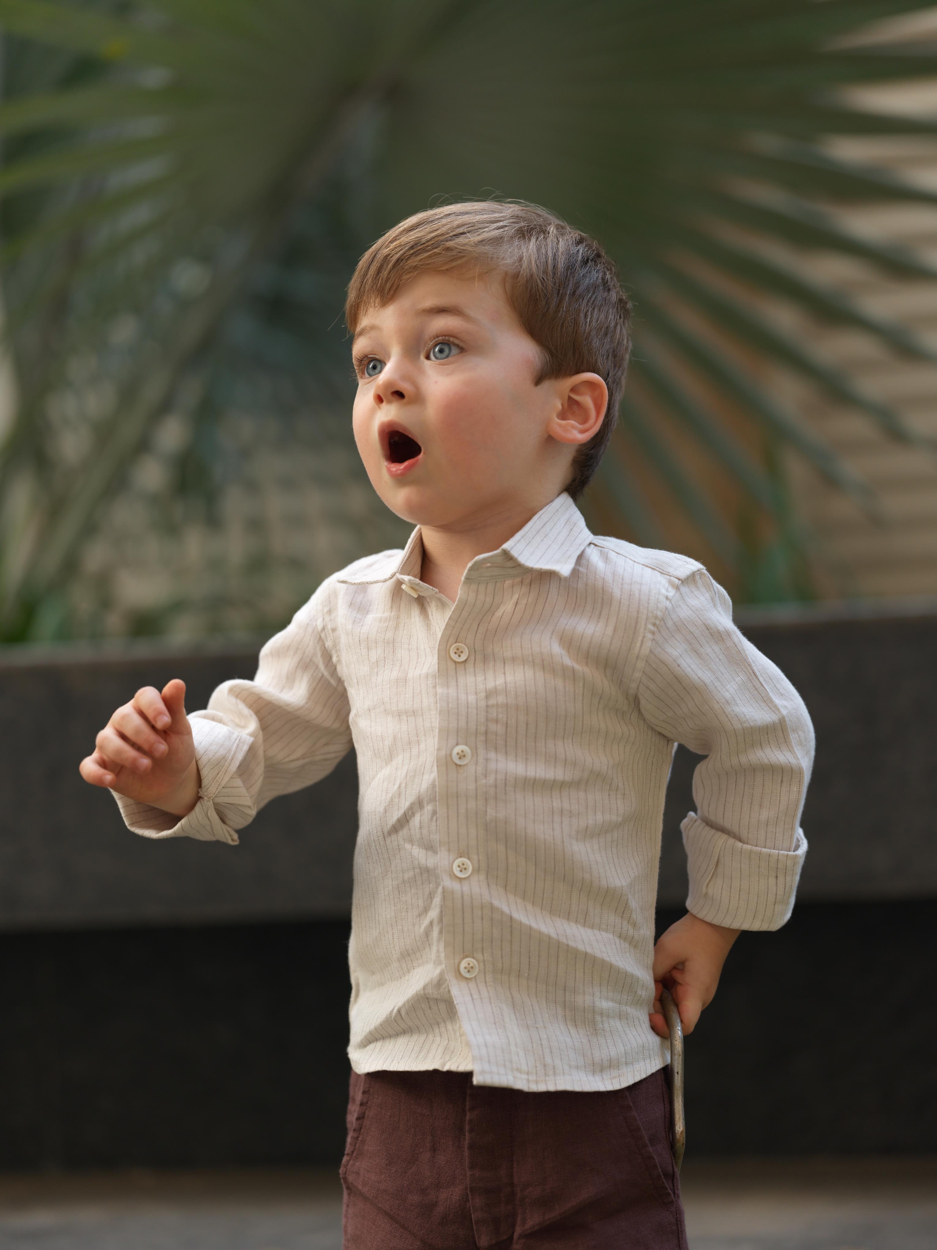 Boys Regular Collar Shirt Beige Lines