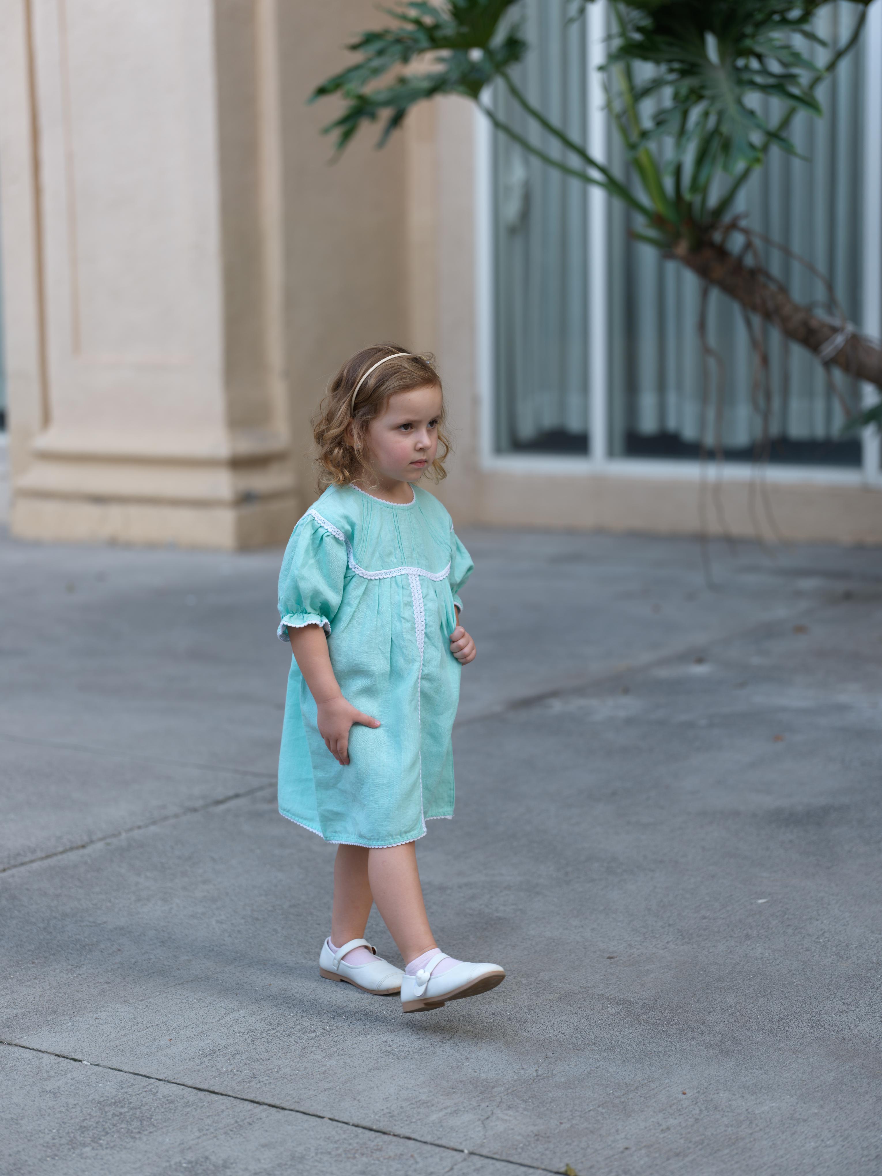 Girls Puff Sleeve Vintage Dress Celestial Green