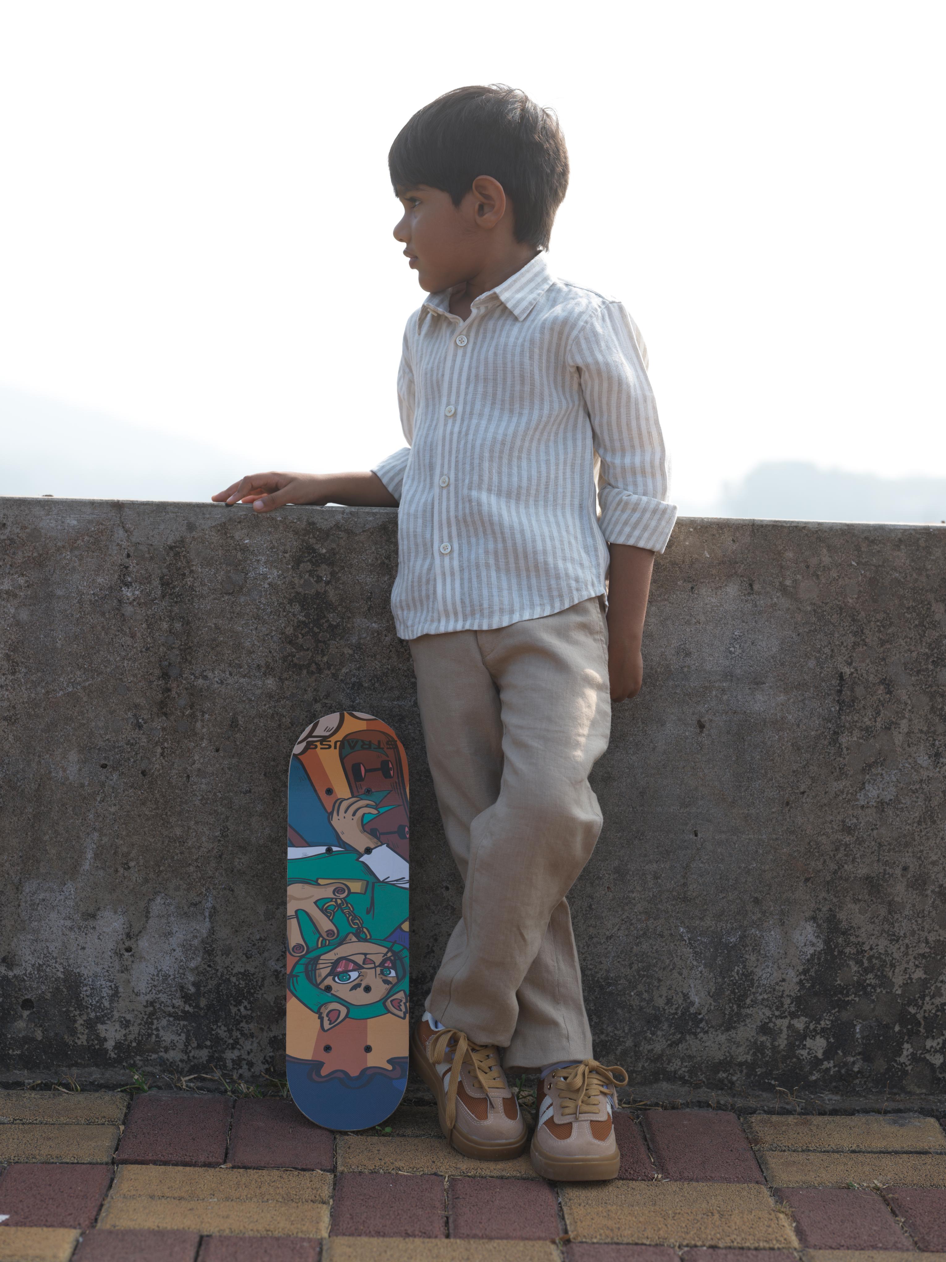 Boys Regular Collar Shirt Beige Stripe