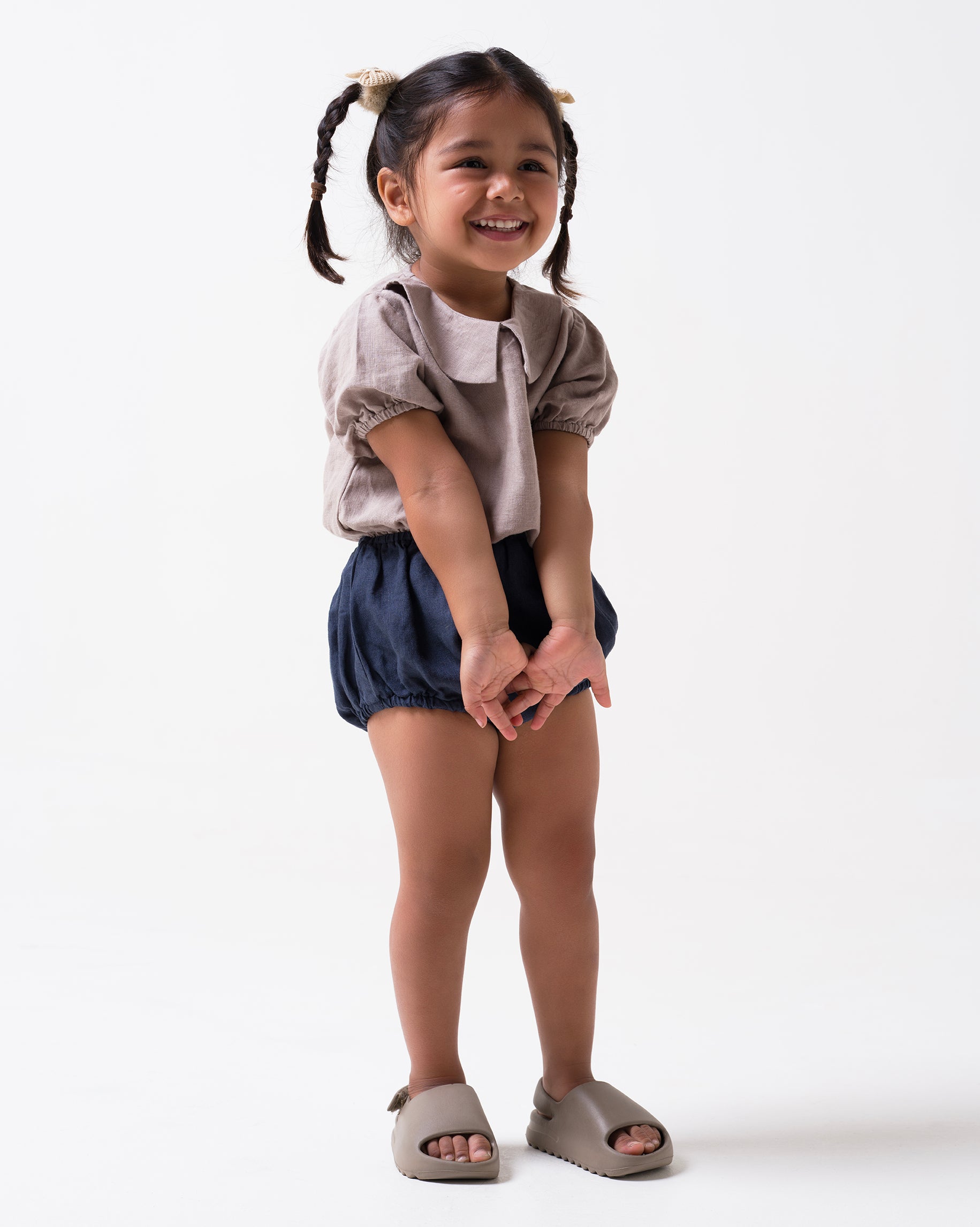 Bloom romper for girl T- Almond Beige - B- Navy Blue
