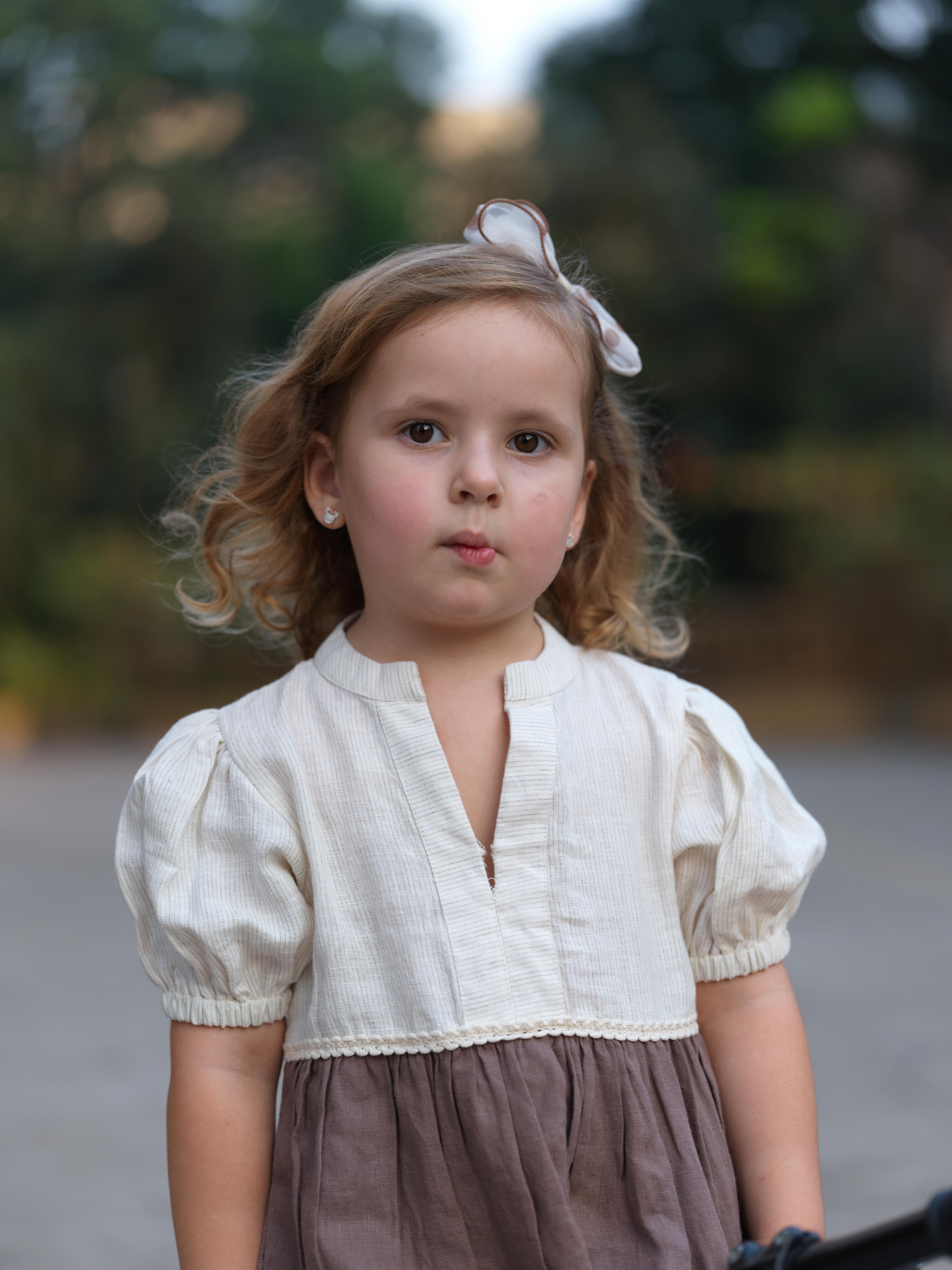 Girls 3 Tier V-Neck Dress Beige Hairline Stripe / Brown