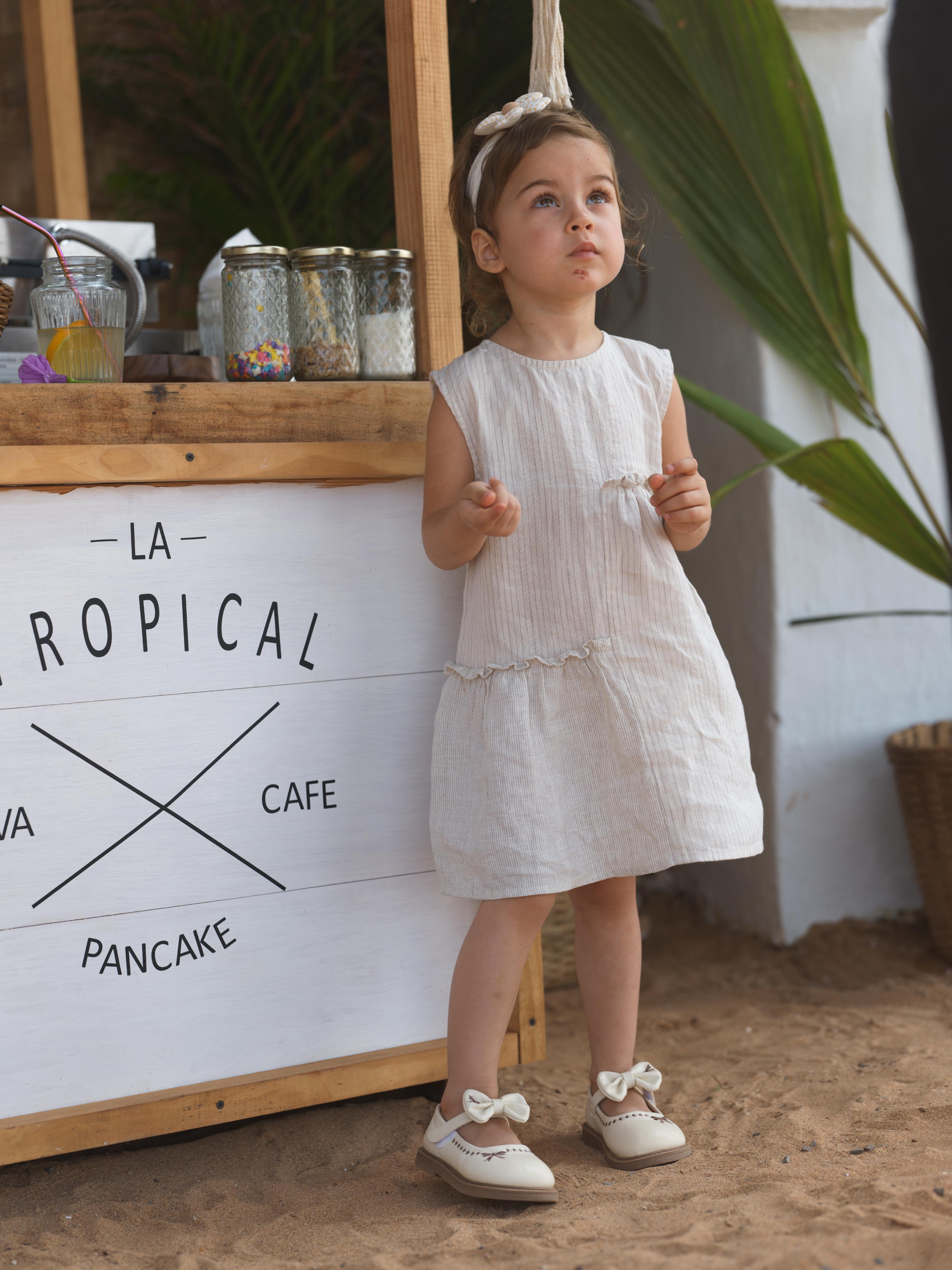 Girls Sleeveless Gathered Dress Beige Lines / Fade Fine Stripe