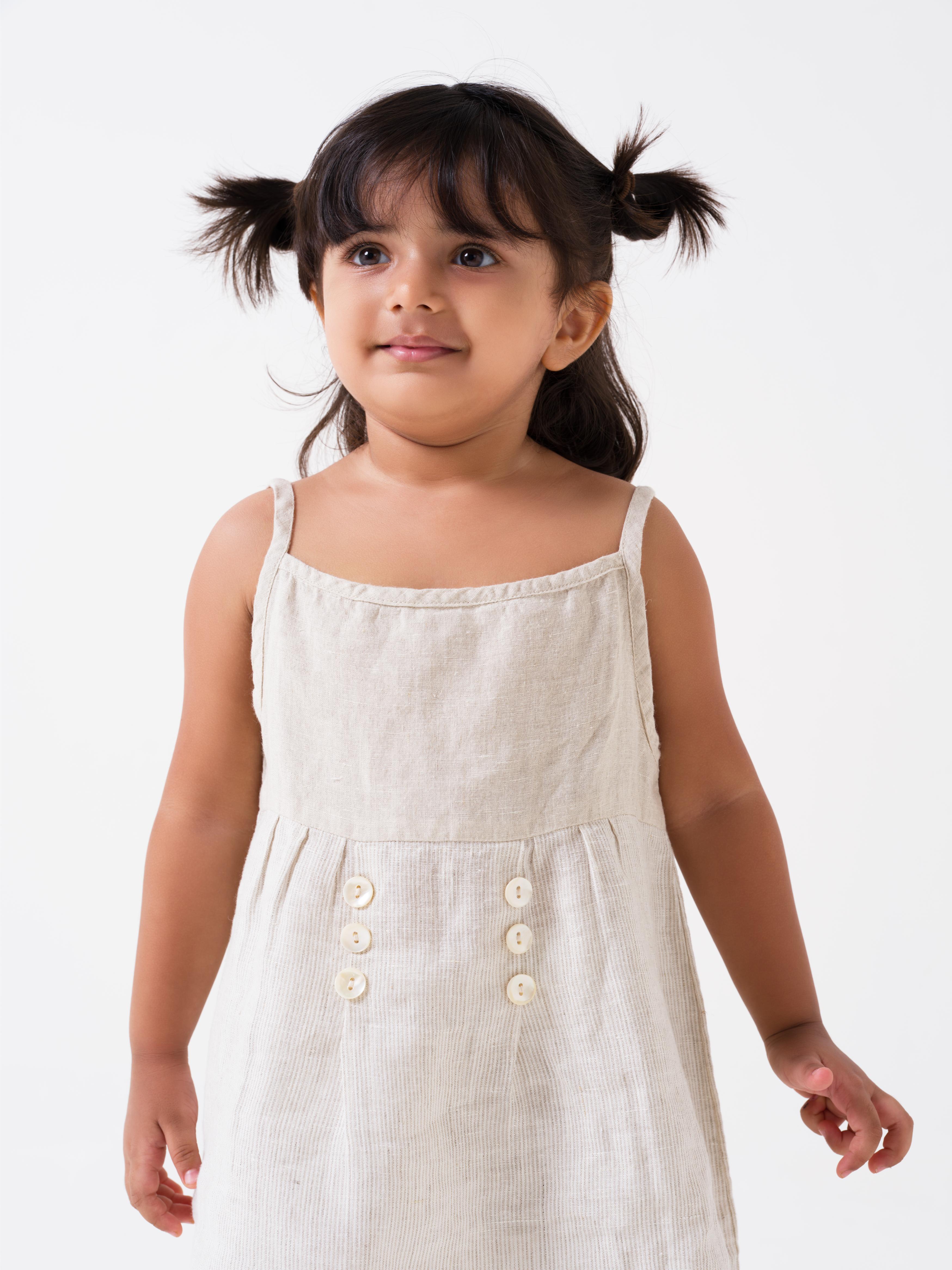 Buttons Detailed Frock Yoke - Cookie & Cream - Dress - Fade Fine Stripe