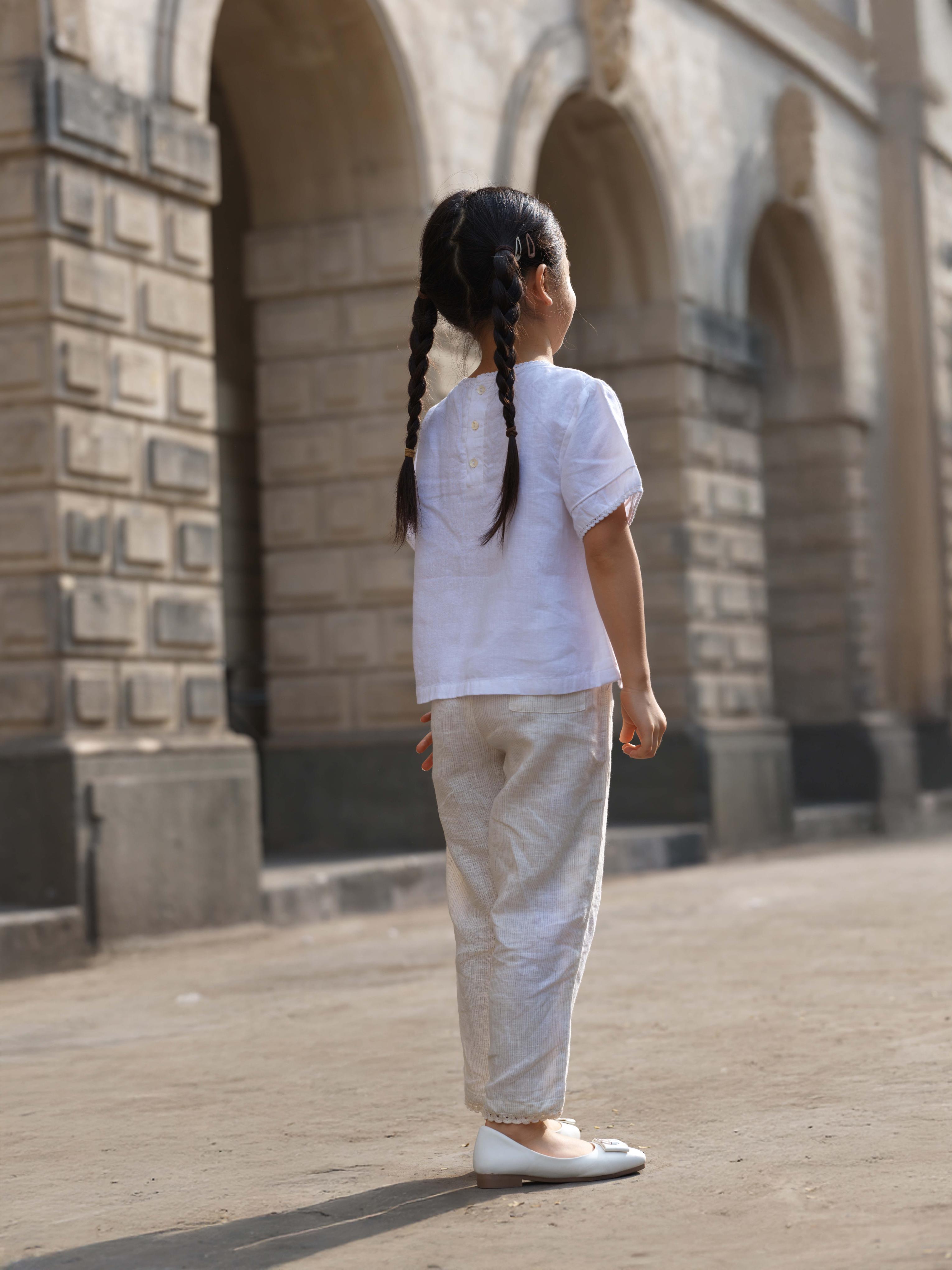 Girl Cord Piping Top & Trousers Co-ords set White / Beige