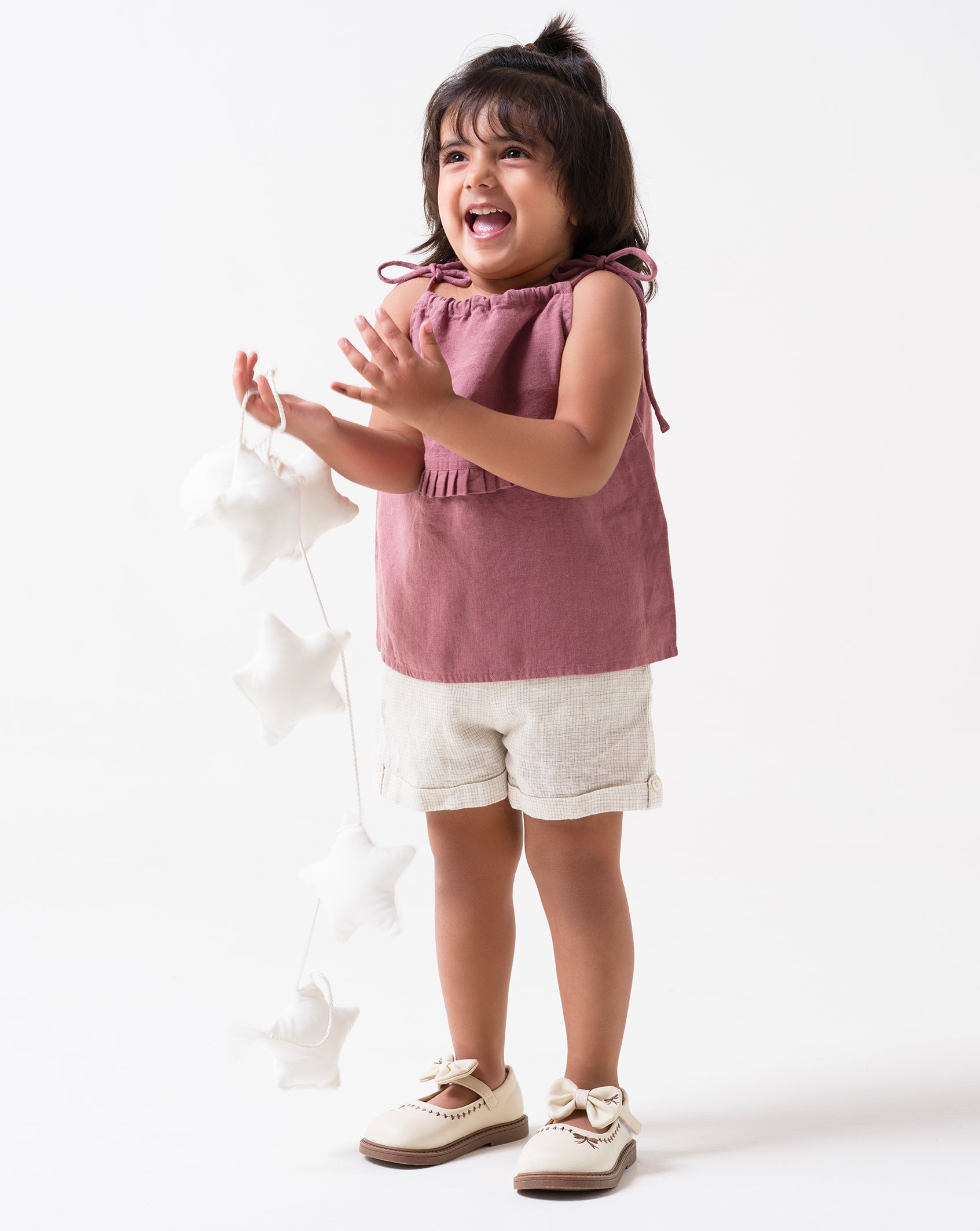 Linen tie strap pleated co-ords set T - Rose Gold - B - Ivory Checks