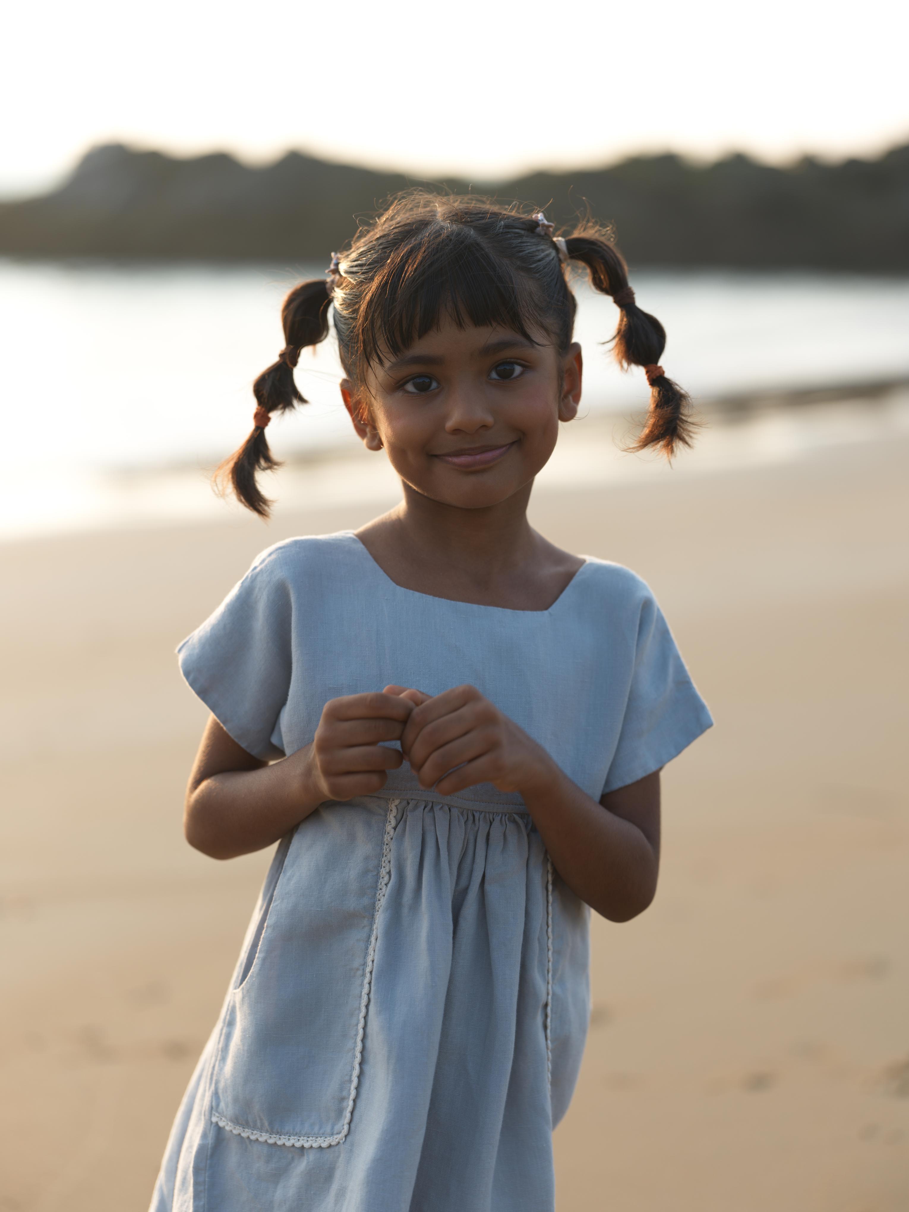 Girls Patch Pocket Tie-Back Dress Natural