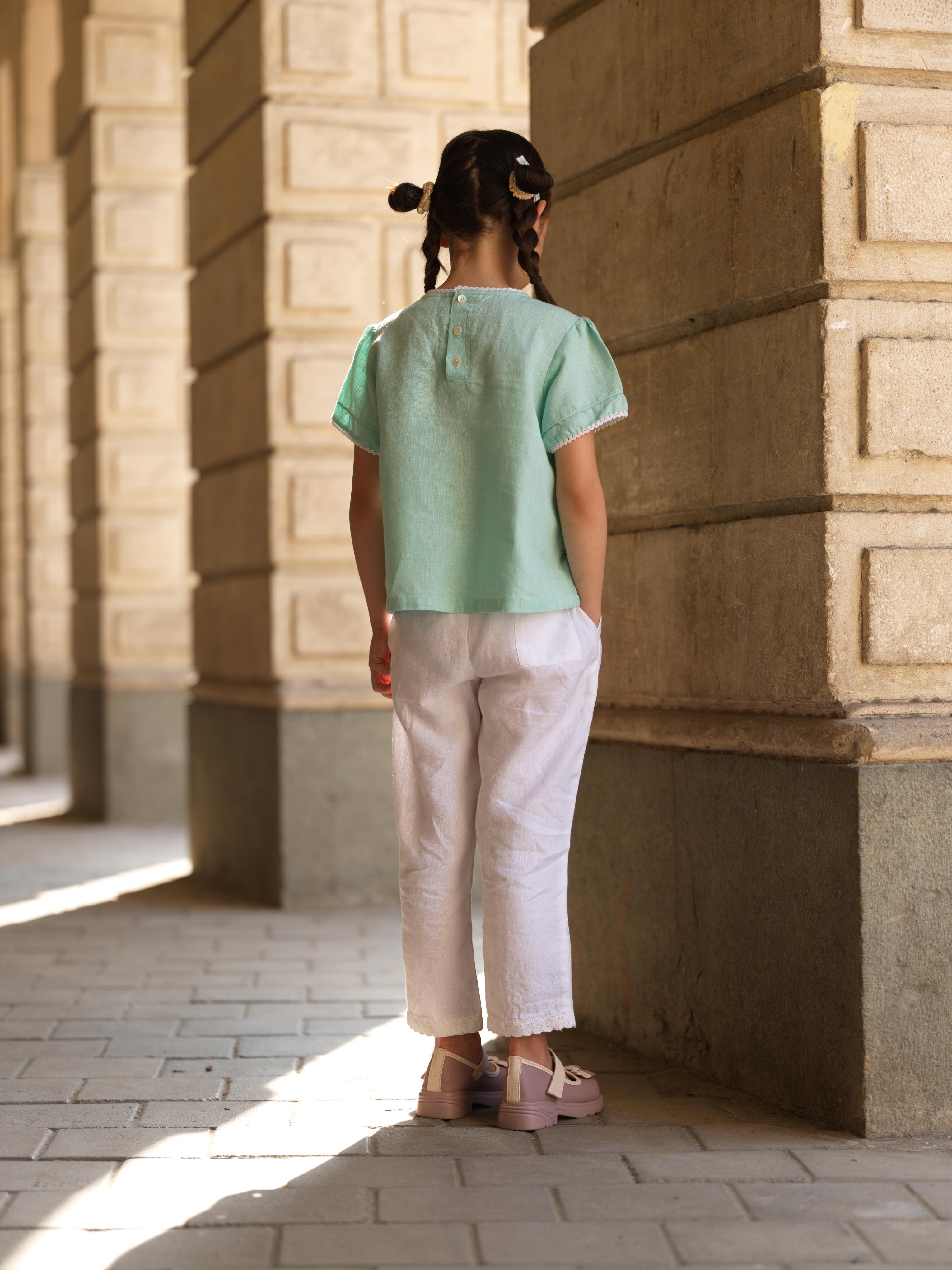 Girl Cord Piping Top & Trousers Co-ords set Celestial Green / White