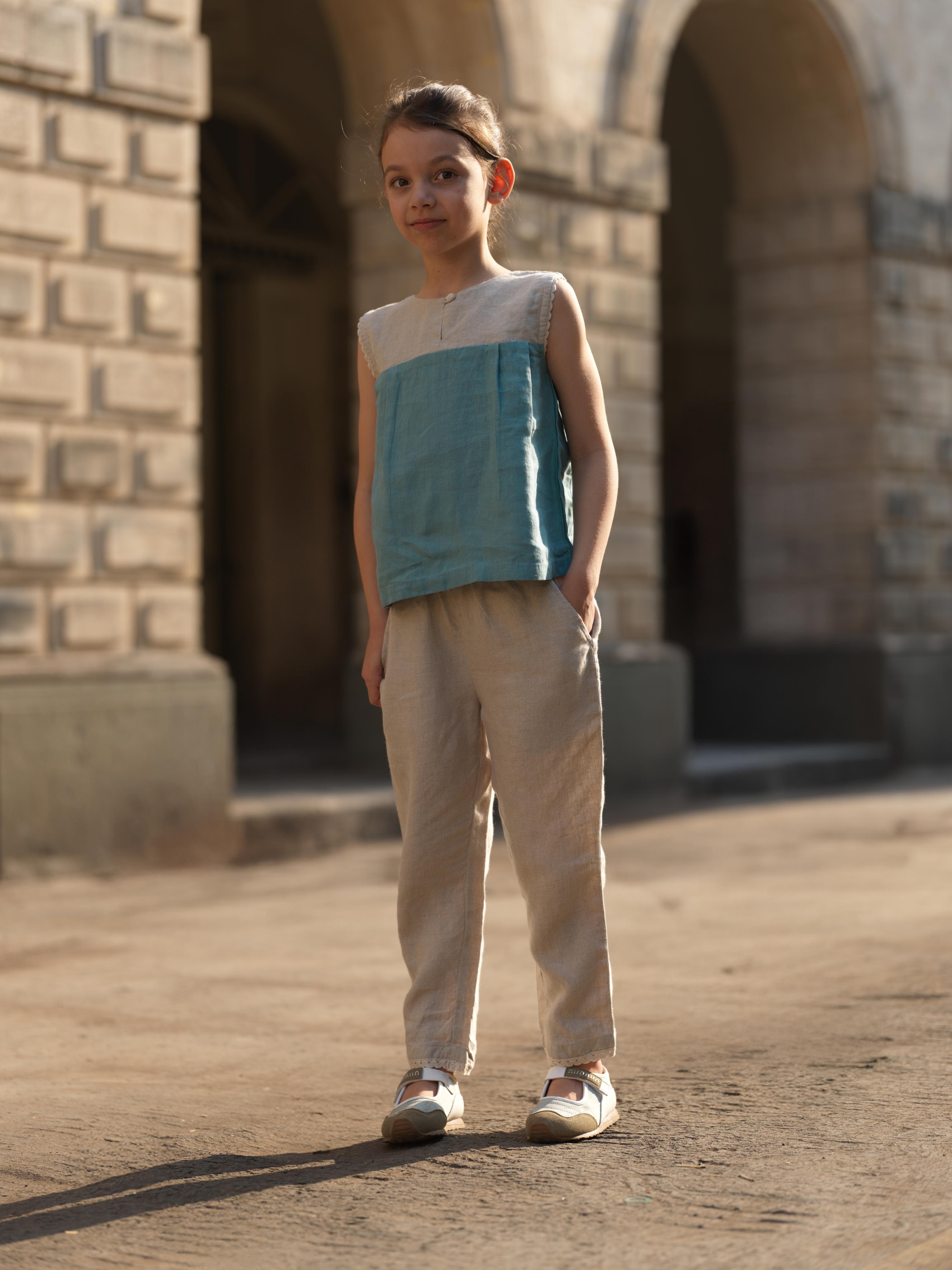 Girls Sleeveless Front Keyhole Top & Trousers Natural / Pine Green