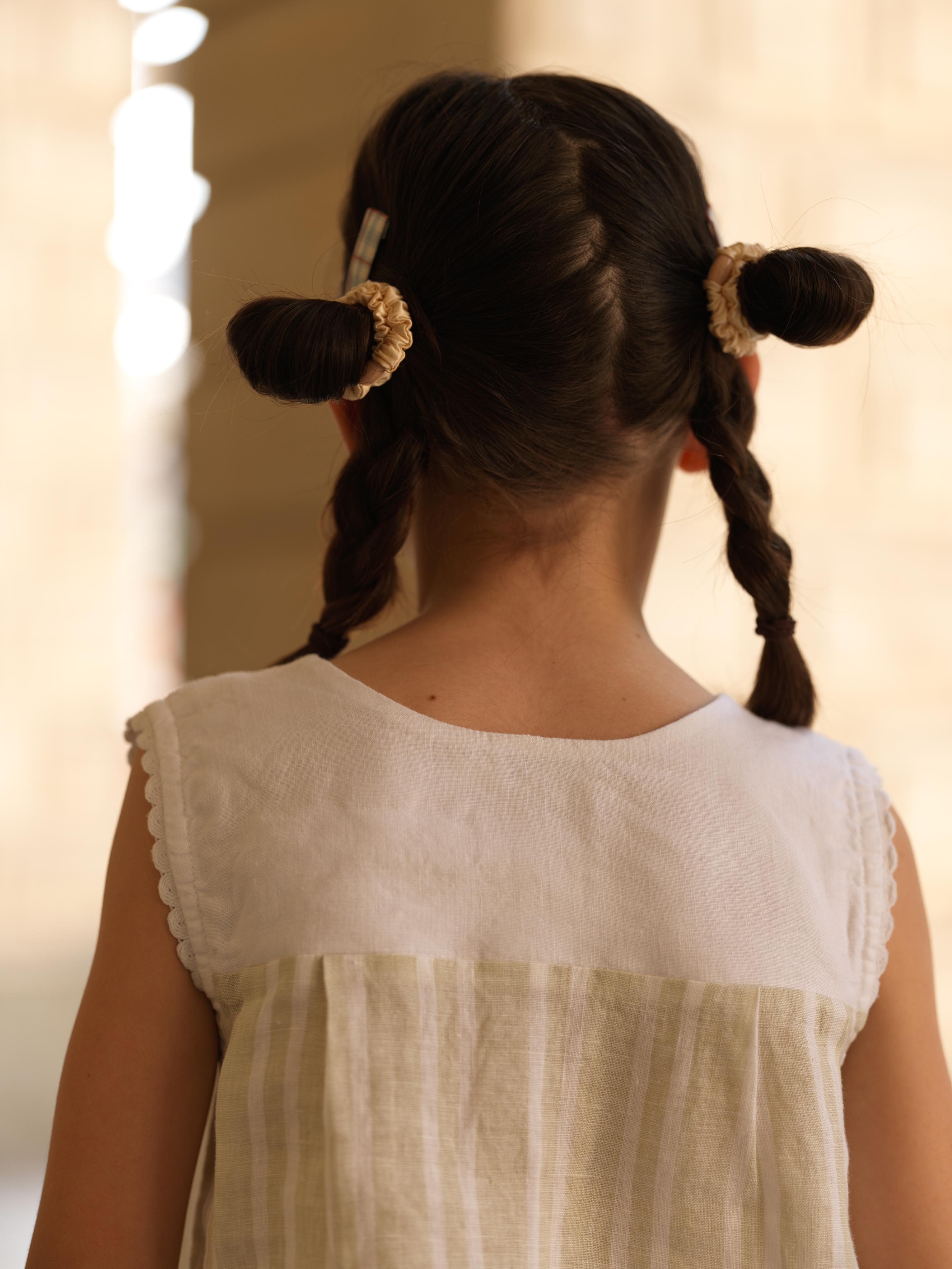 Girls Sleeveless Front Keyhole Top & Trousers Beige Double Stripe / White