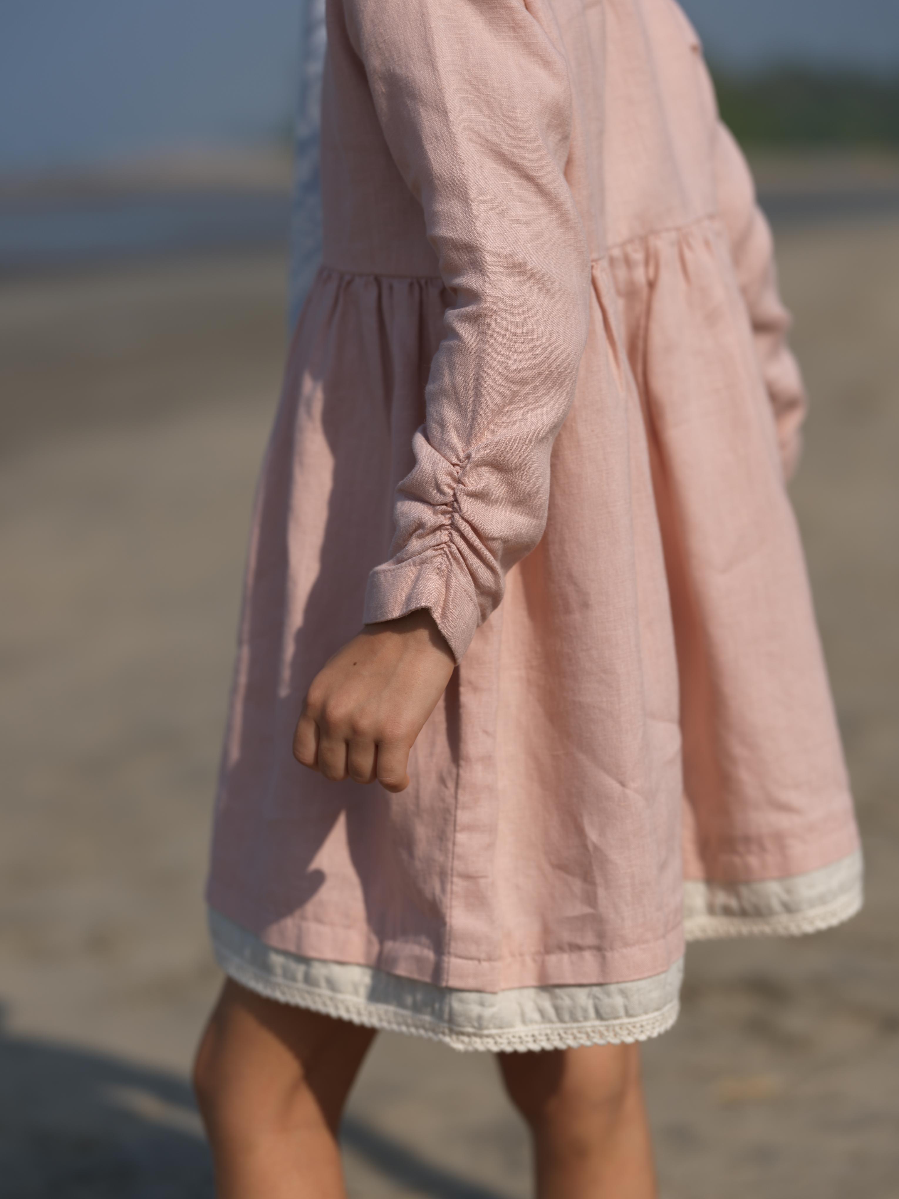 Girl Elastic Long Sleeve Dress Flamingo