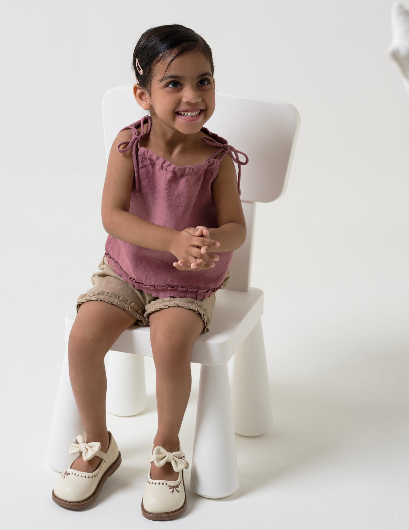 Linen Strap Ruffle Co-ords Set Top - Rose Gold B- Cookie & Cream