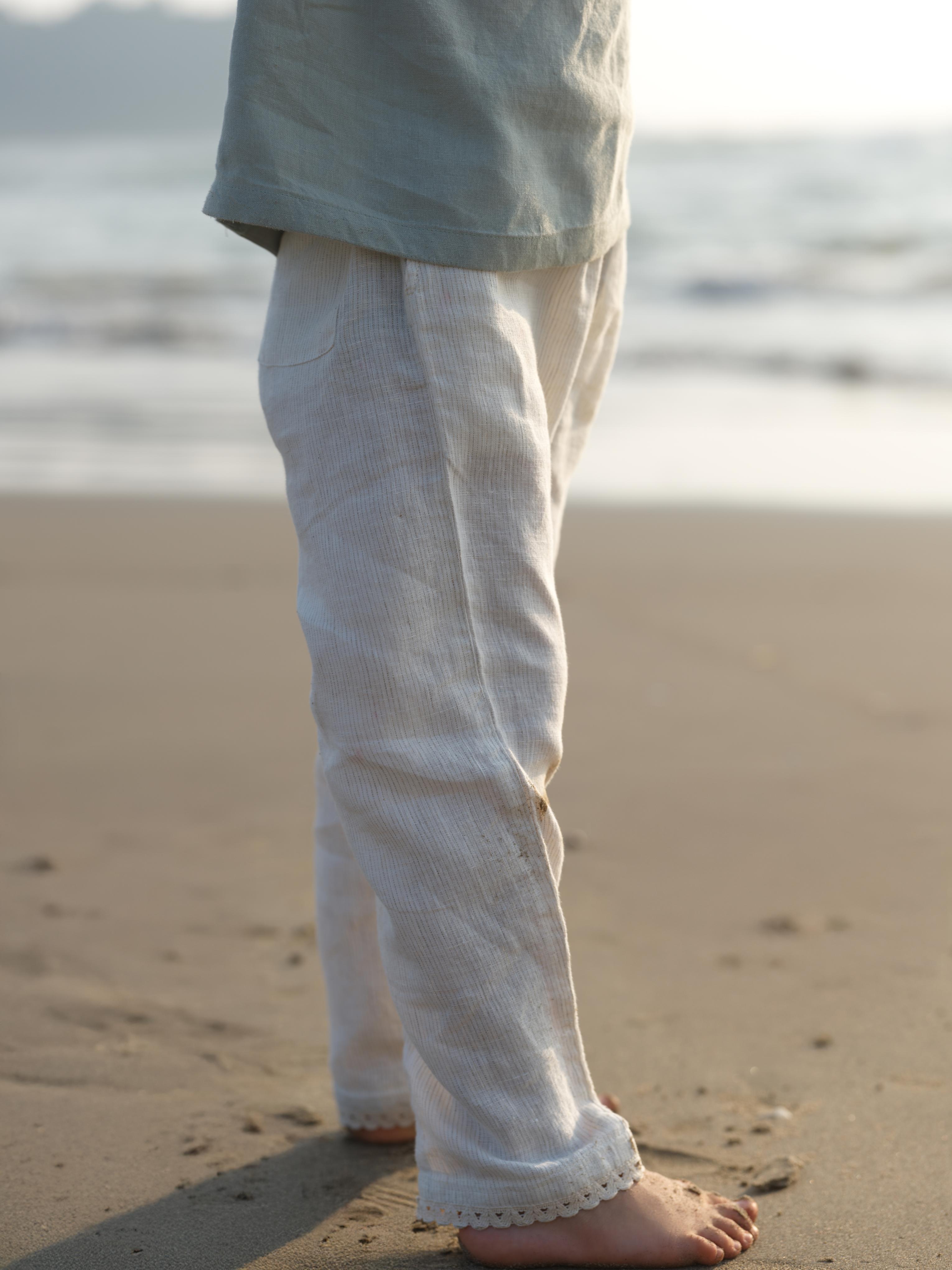 Girls Sleeveless Front Keyhole Top & Trousers Beige Hairline Stripe / Mint Green