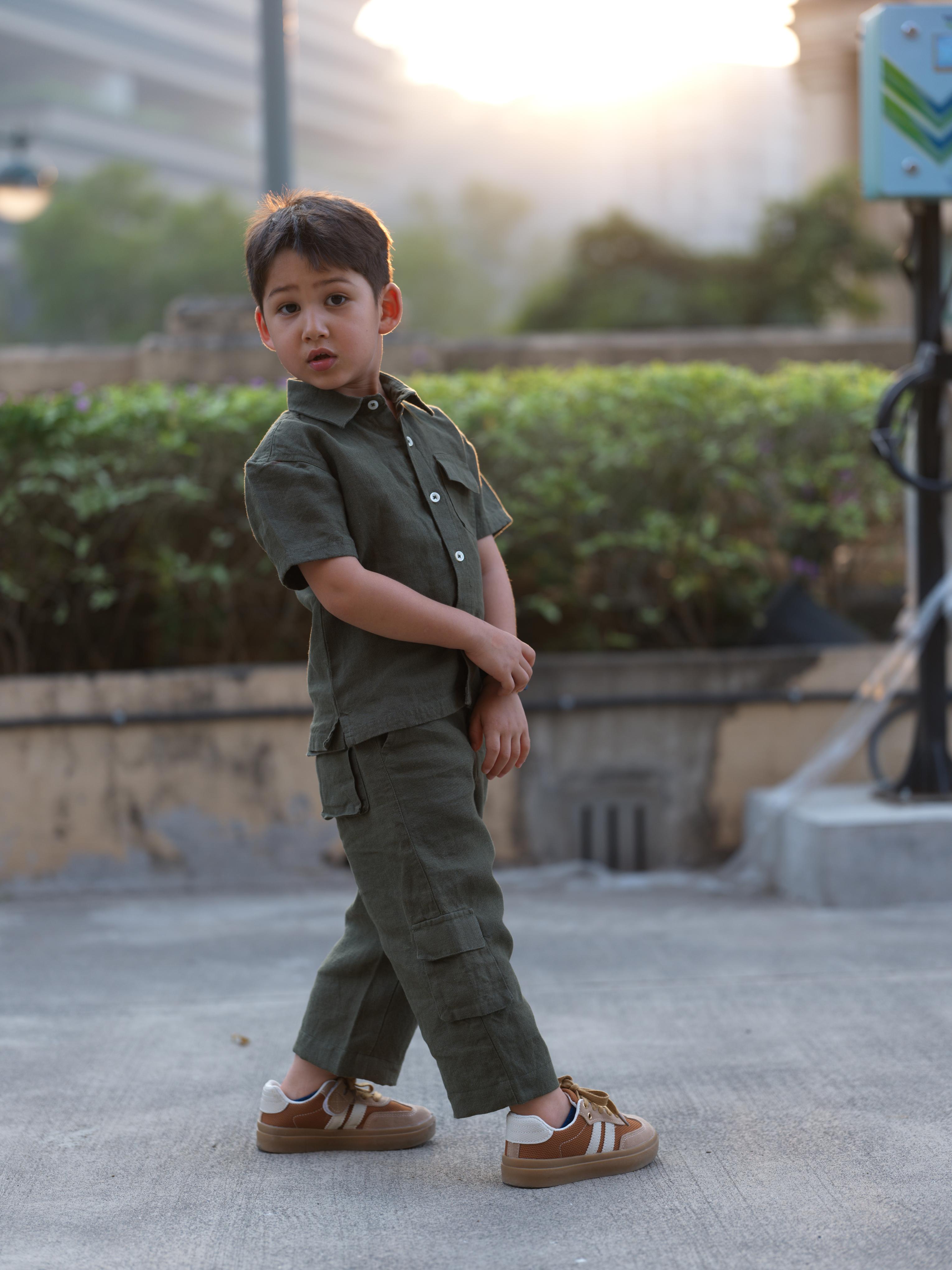 Boys Half-Sleeve Shirt & Cargo Trousers Co-Ord Moss Green