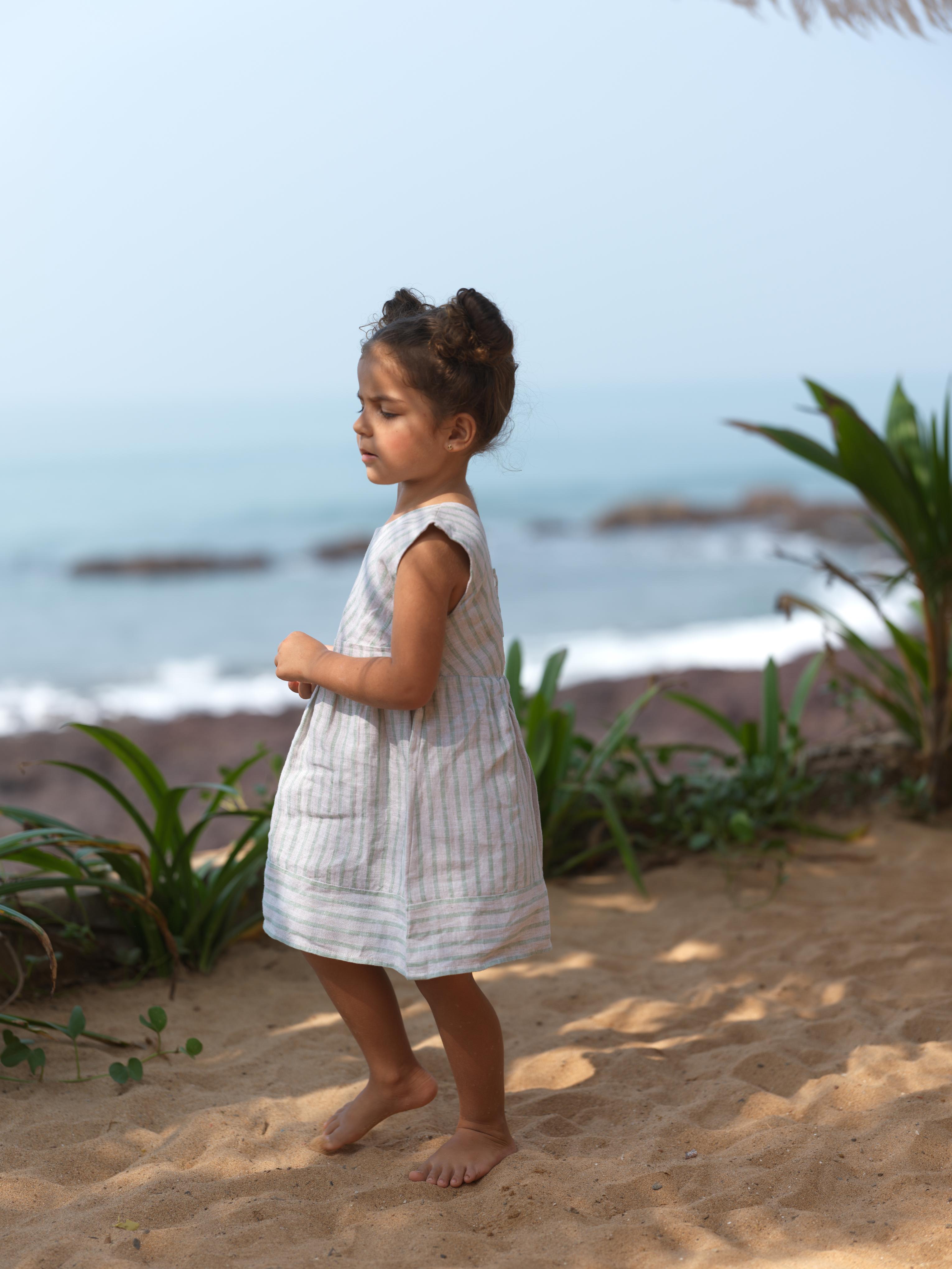 Girls Round Neck Back Opening Dress Sage Pencil Stripe
