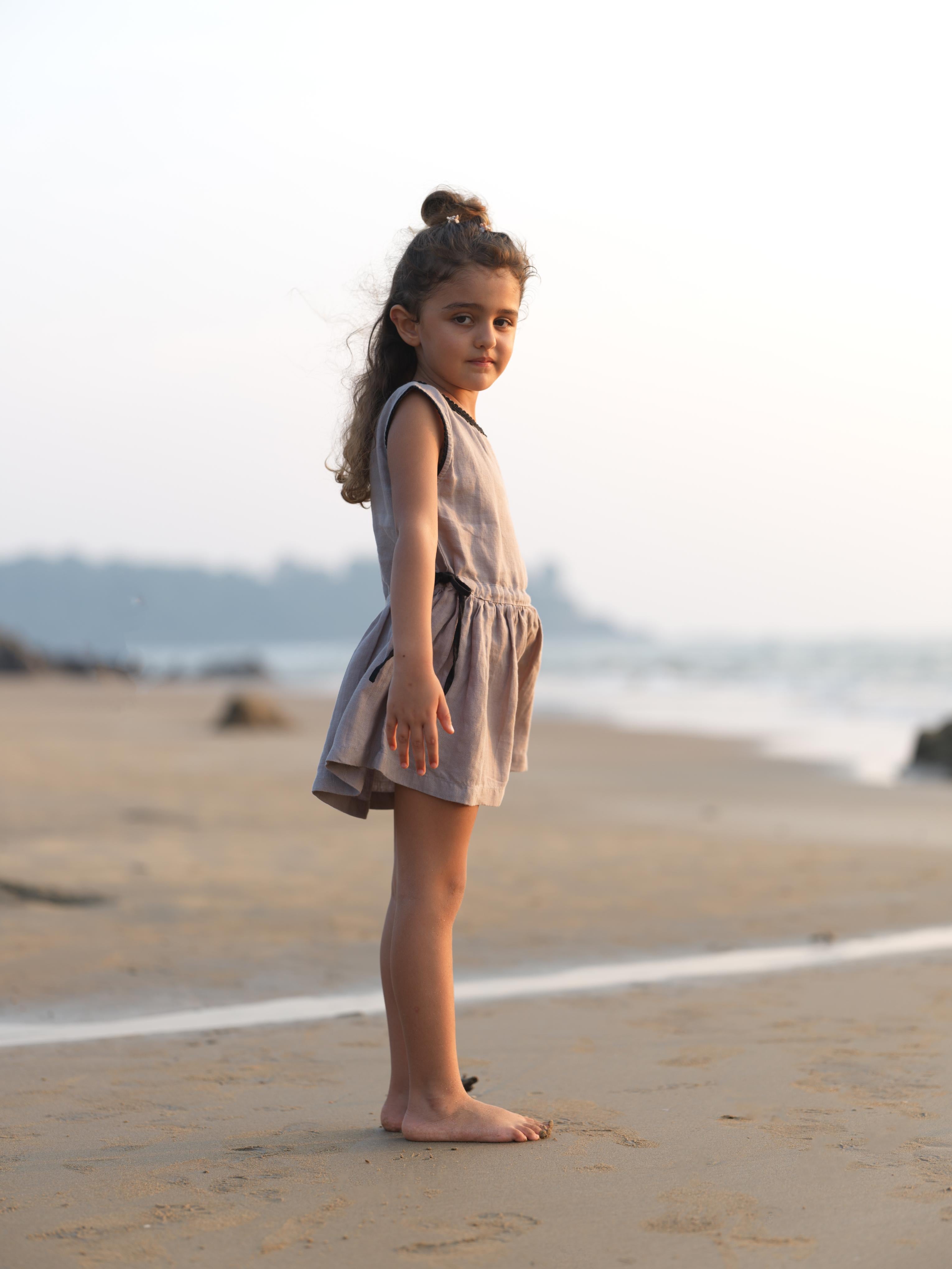 Girls Sleeveless Drawstring Dress Almond Beige