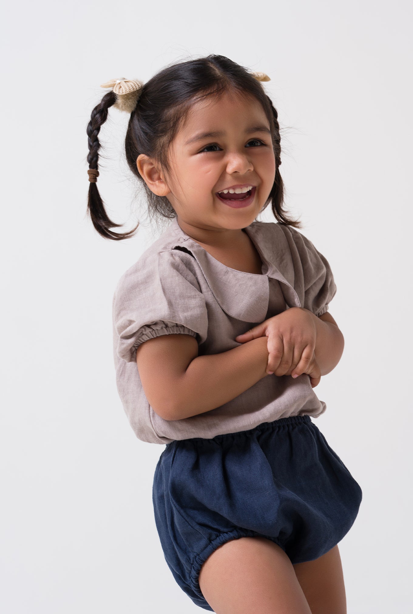 Bloom romper for girl T- Almond Beige - B- Navy Blue