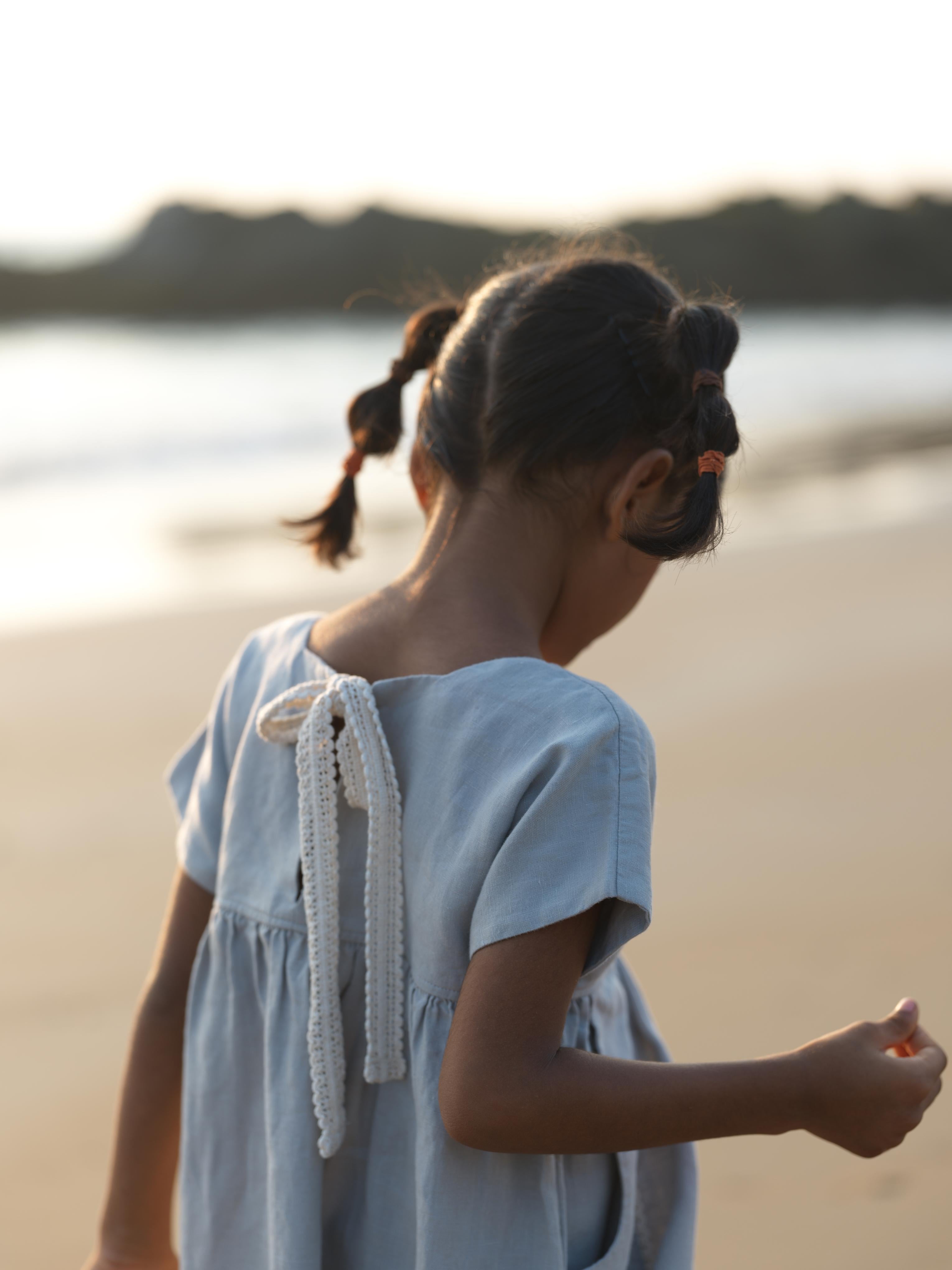 Girls Patch Pocket Tie-Back Dress Natural