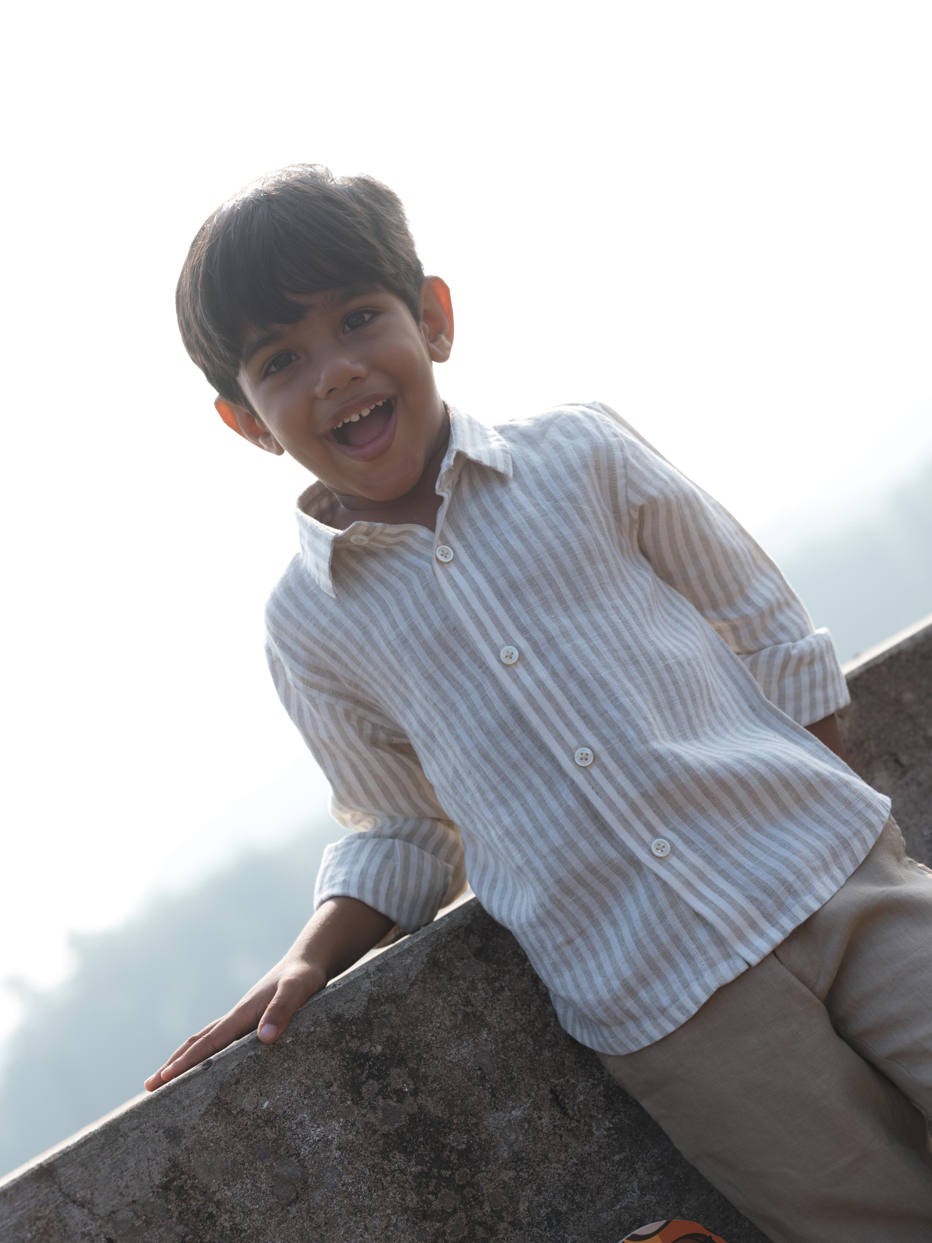 Boys Regular Collar Shirt Beige Stripe