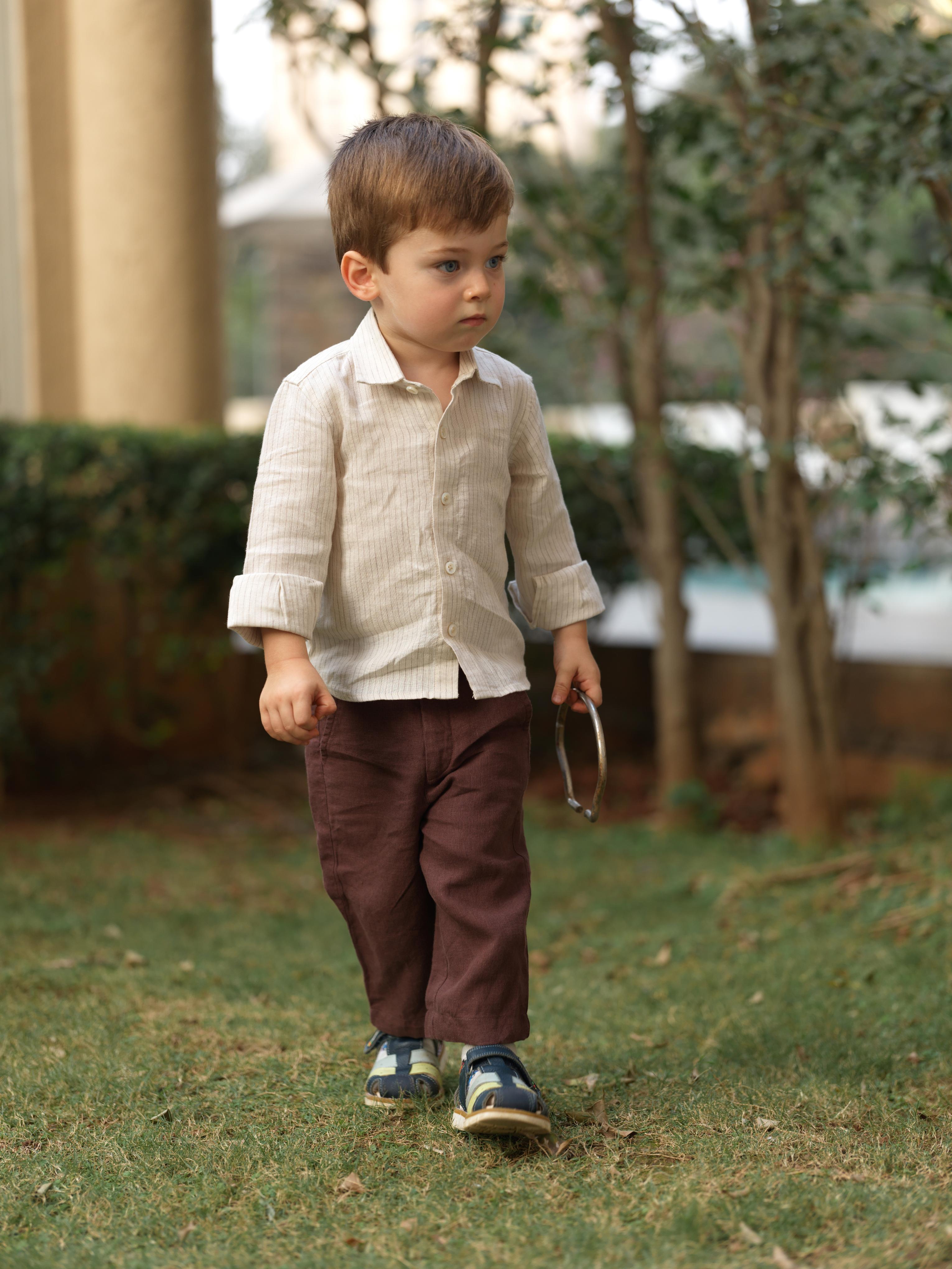 Boys Regular Collar Shirt Beige Lines