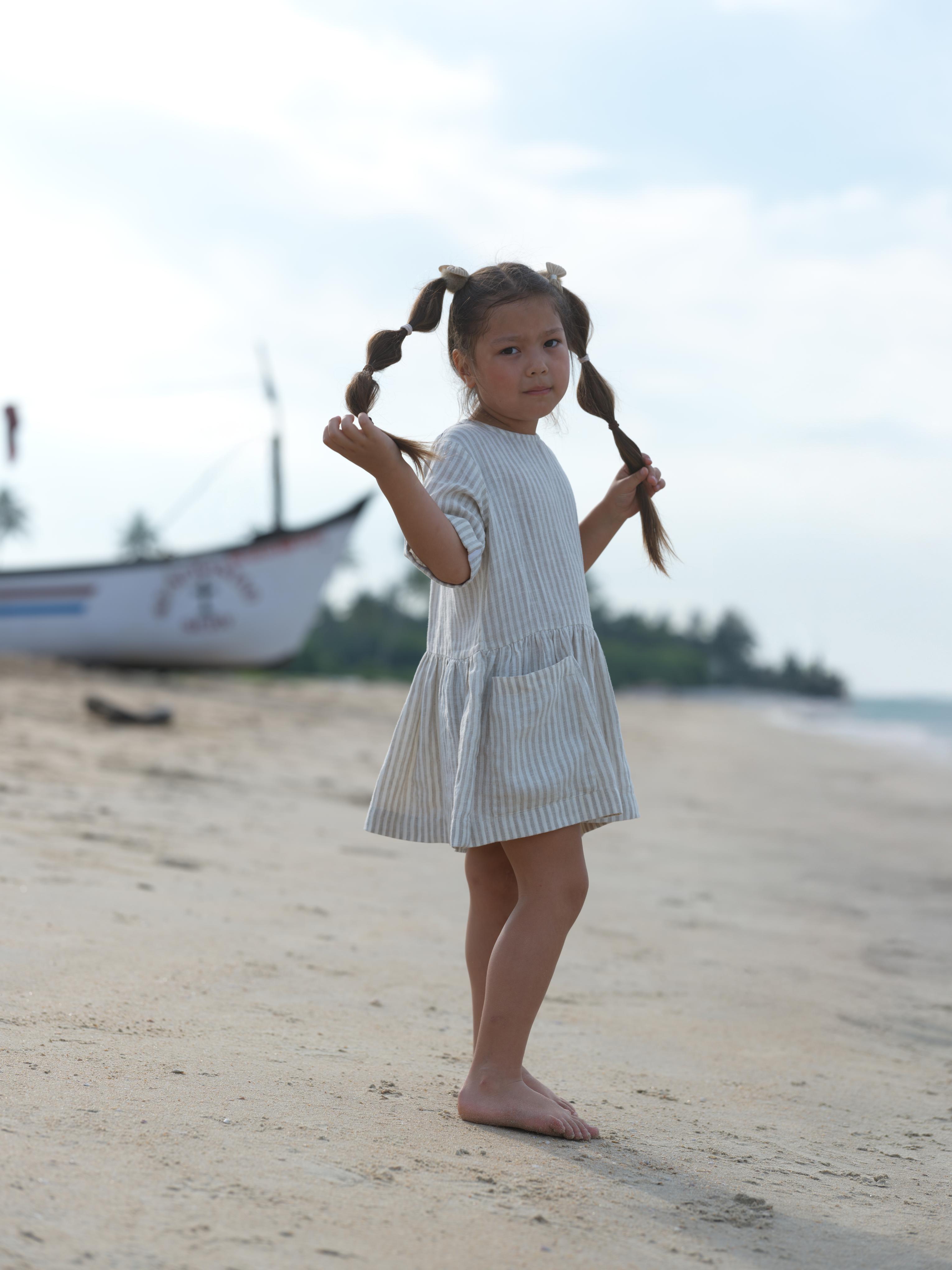 Girl Patch Pocket Drop Shoulder Dress Beige Stripes
