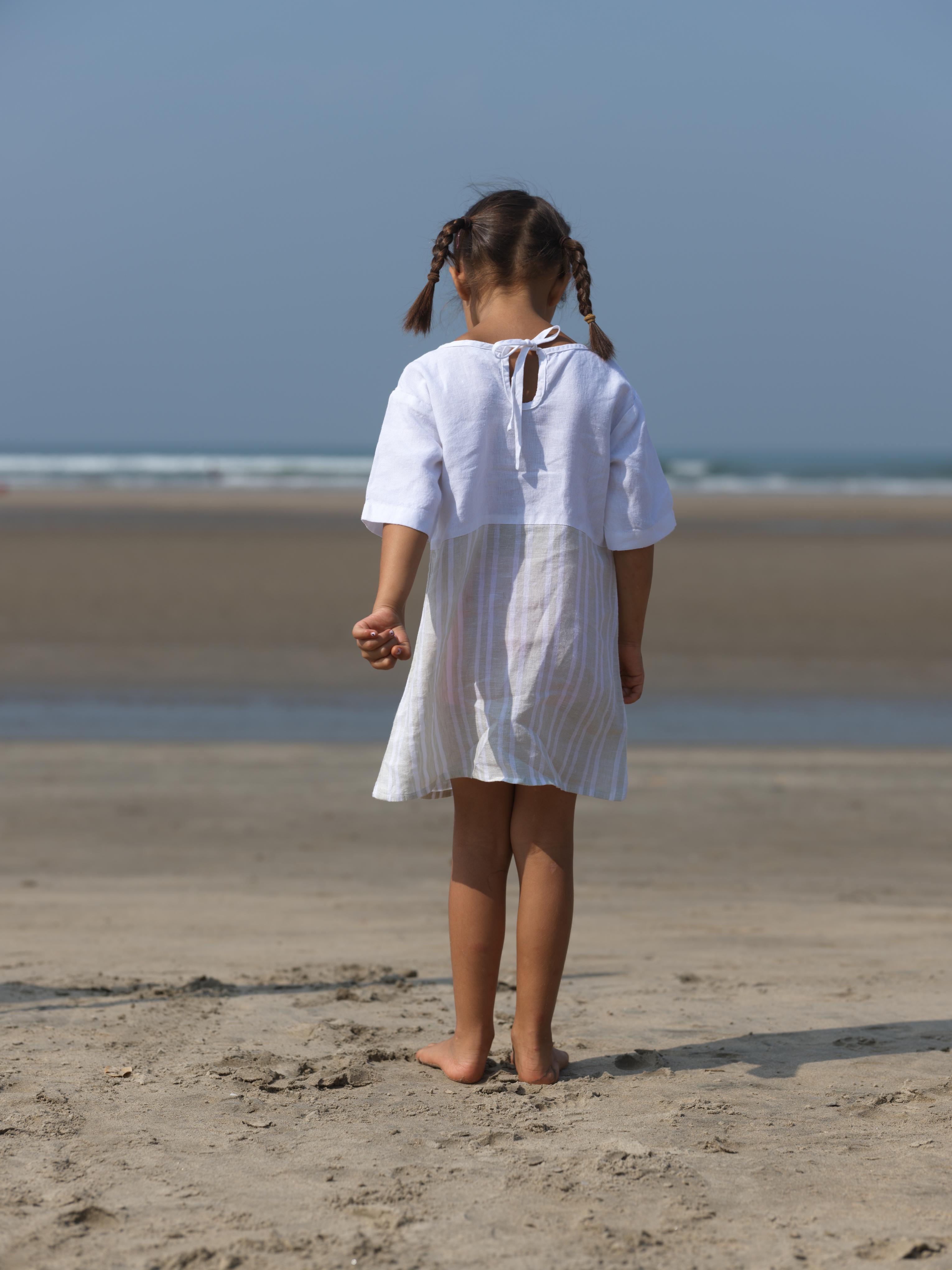 Girls Two Colour Casual Dress Beige Double Stripe / White