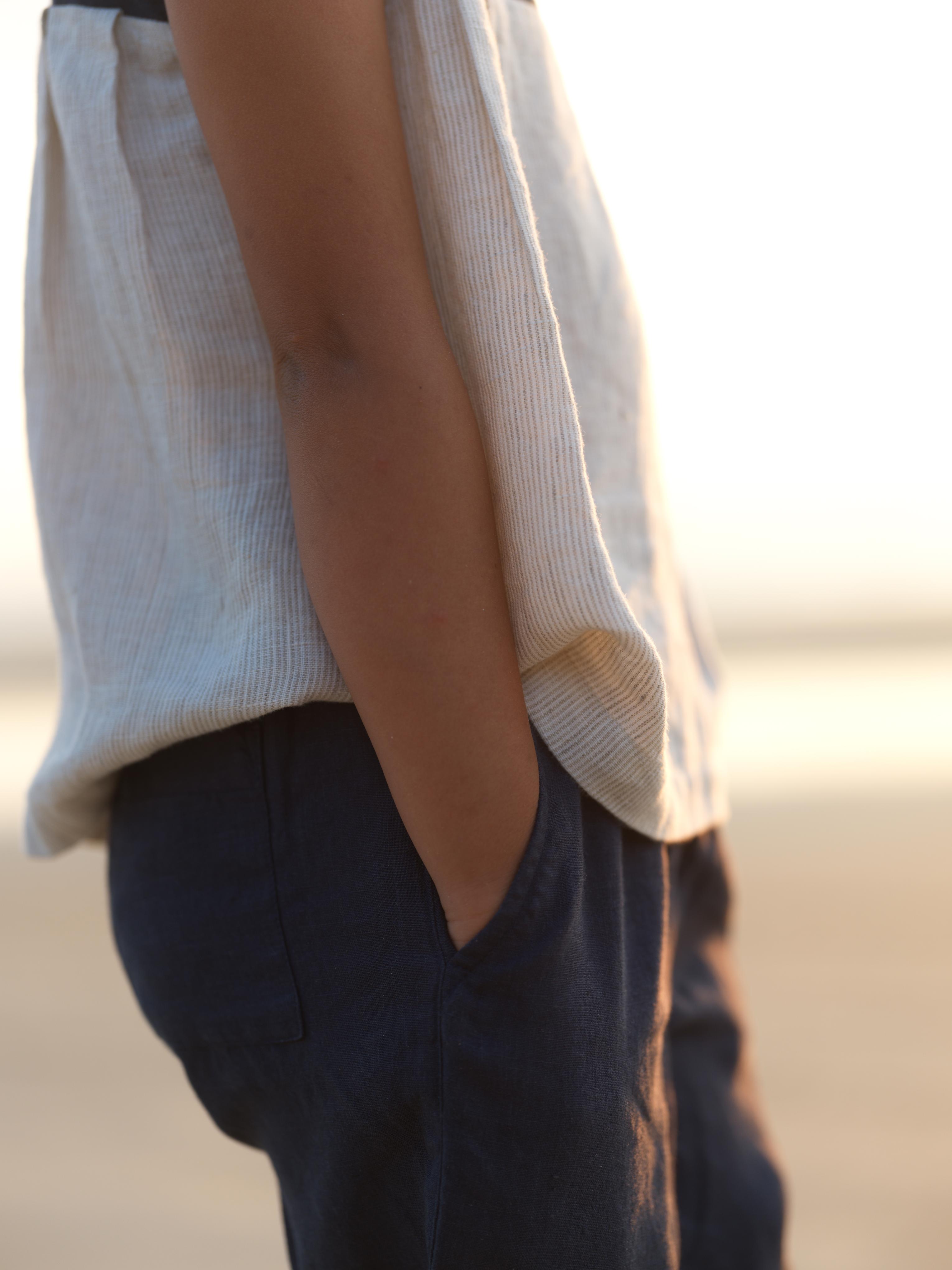 Girls Sleeveless Front Keyhole Top & Trousers Navy Blue / Fade Fine Stripe