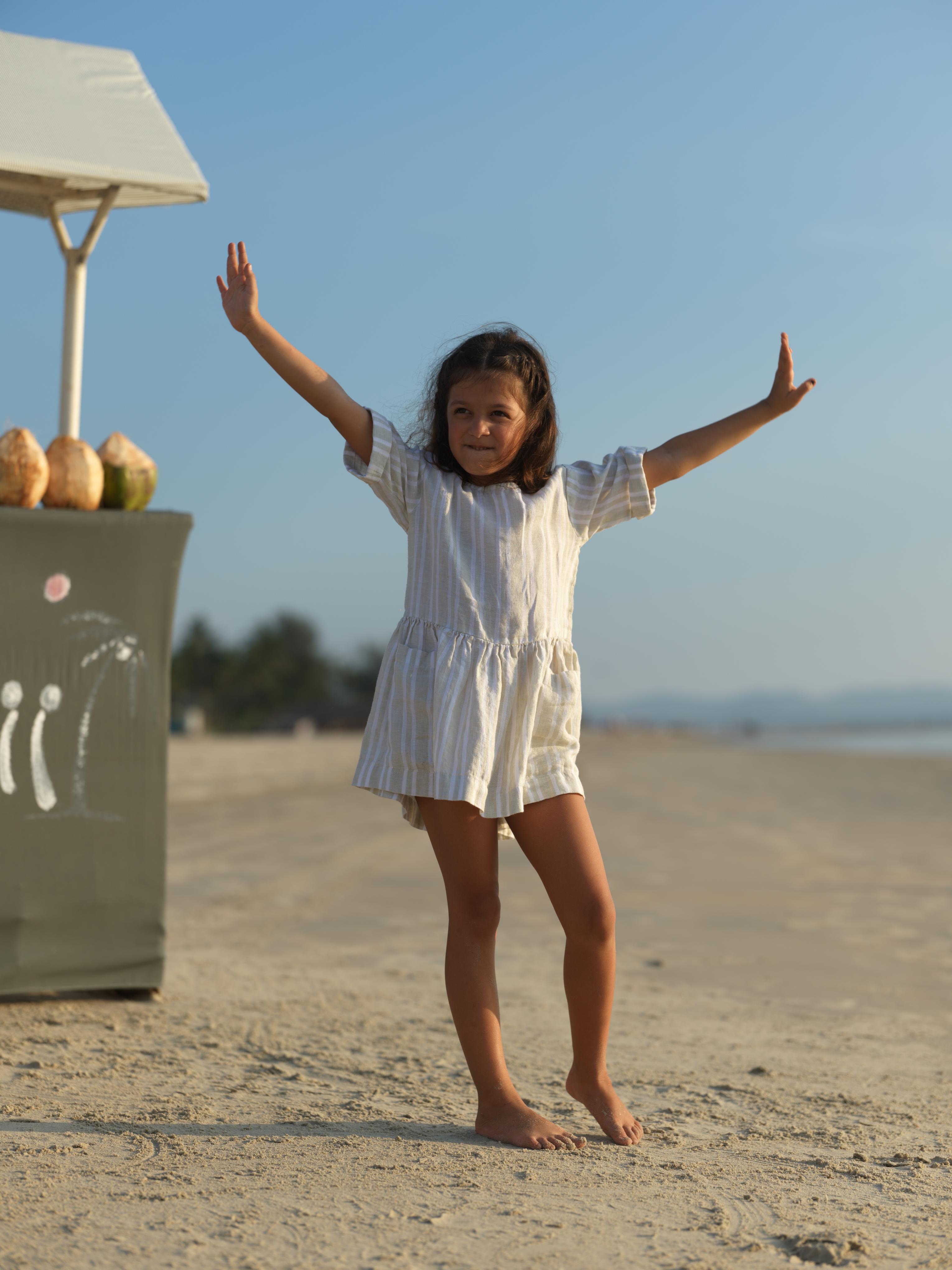 Girl Patch Pocket Drop Shoulder Dress Beige Double Stripe